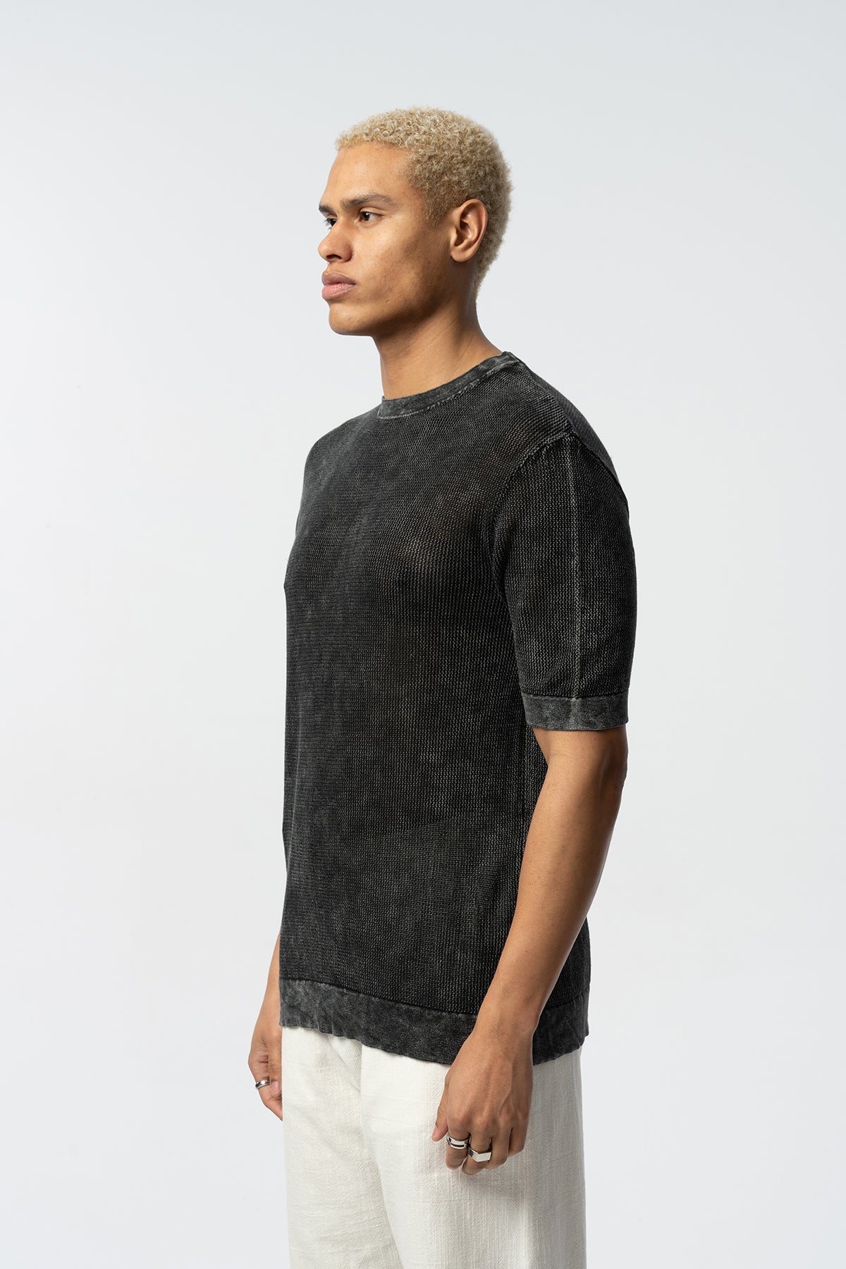 Textured Knit Short Tee – Blue, Grey, Beige & Black