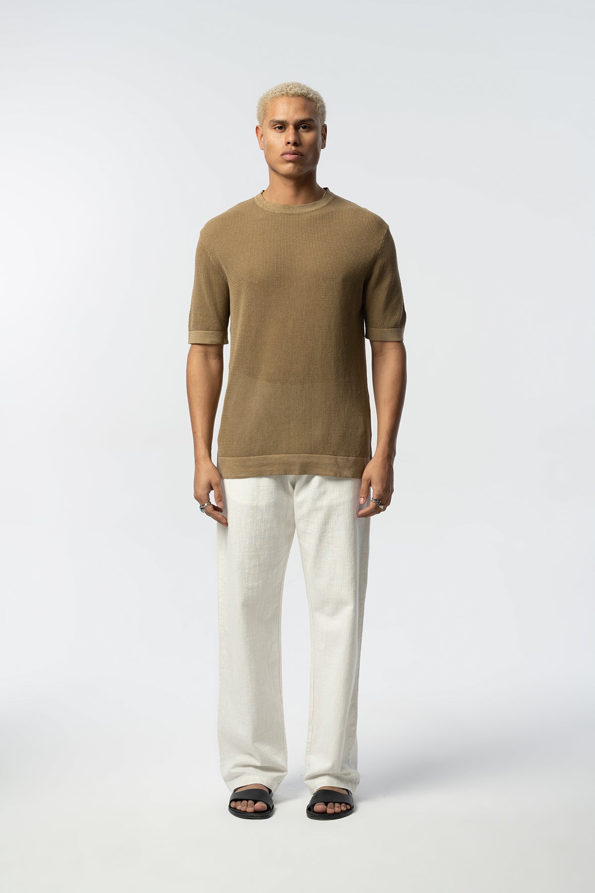 Textured Knit Short Tee – Blue, Grey, Beige & Black