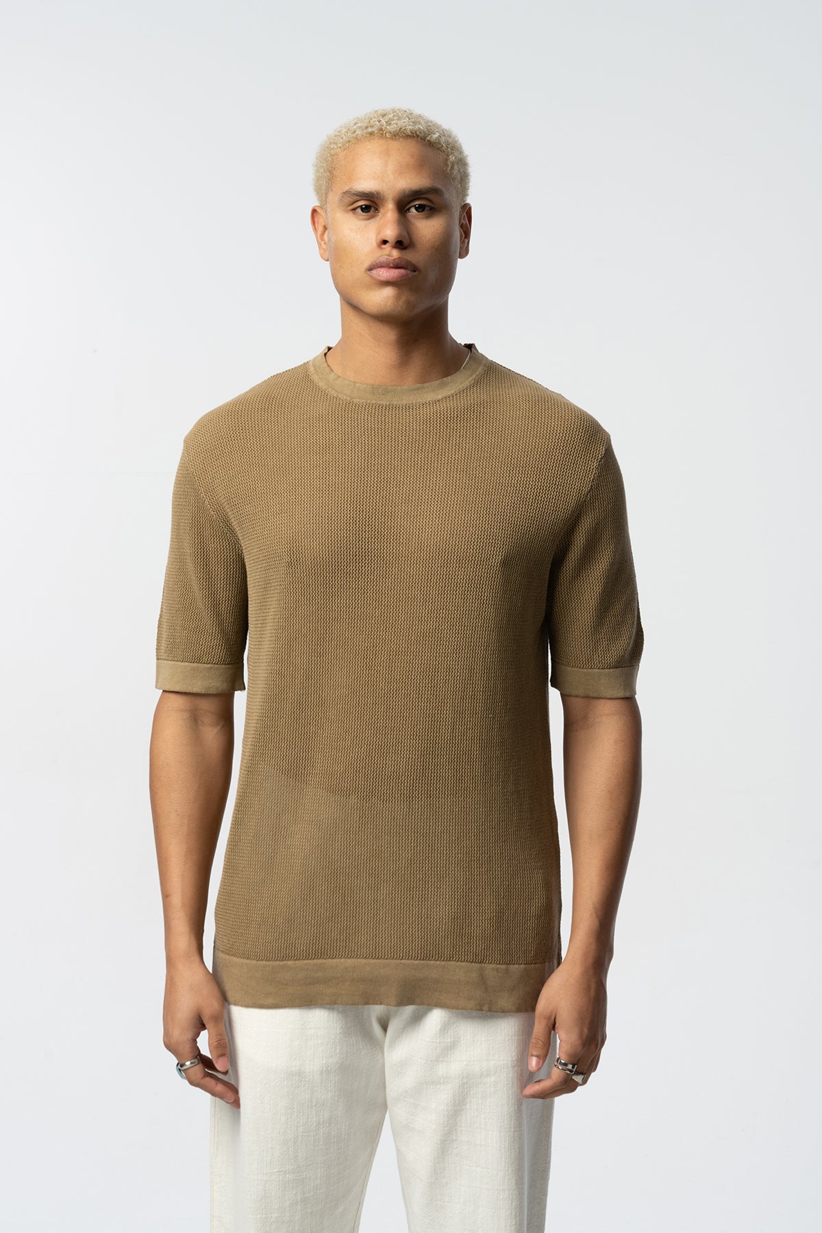 Textured Knit Short Tee – Blue, Grey, Beige & Black