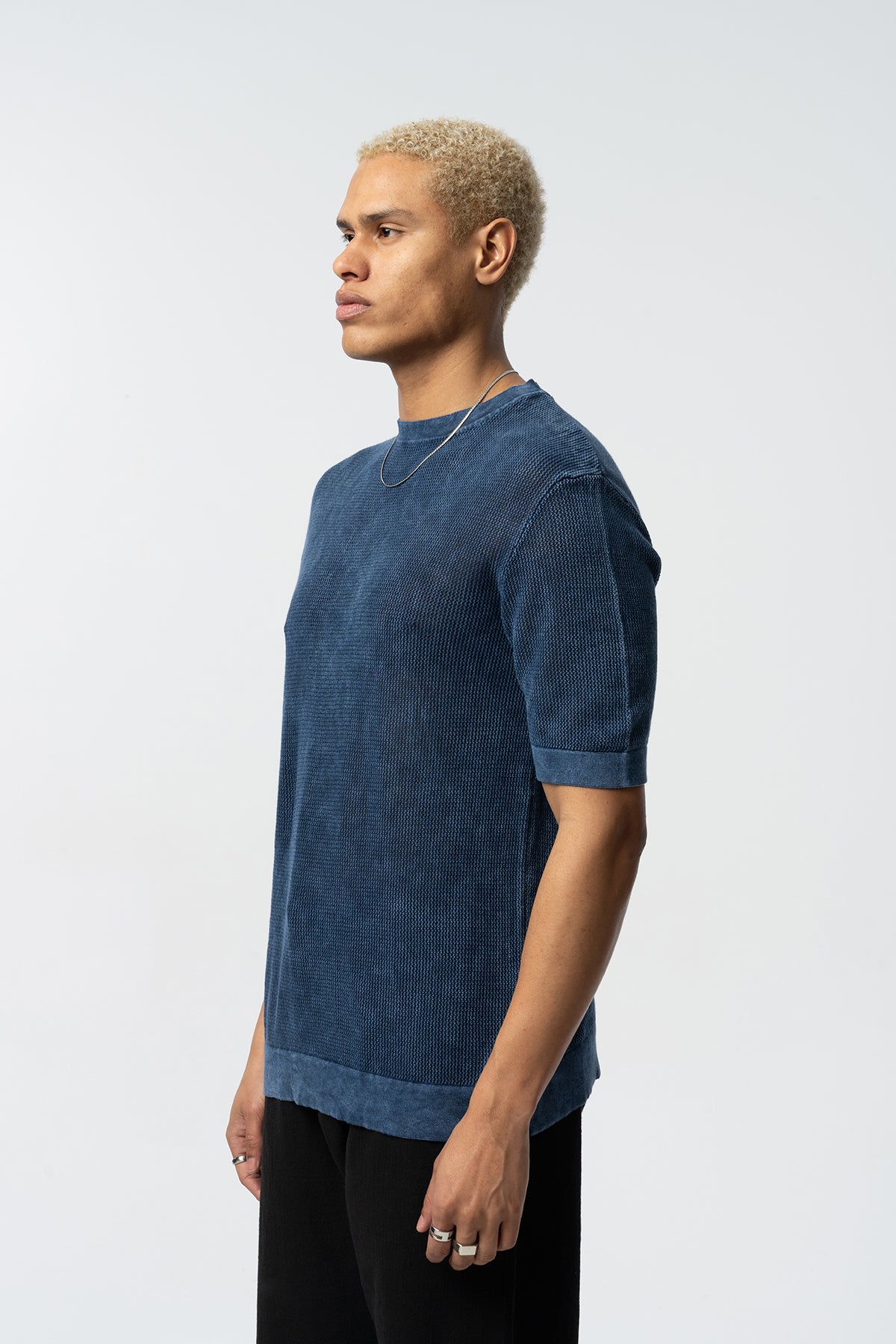 Textured Knit Short Tee – Blue, Grey, Beige & Black