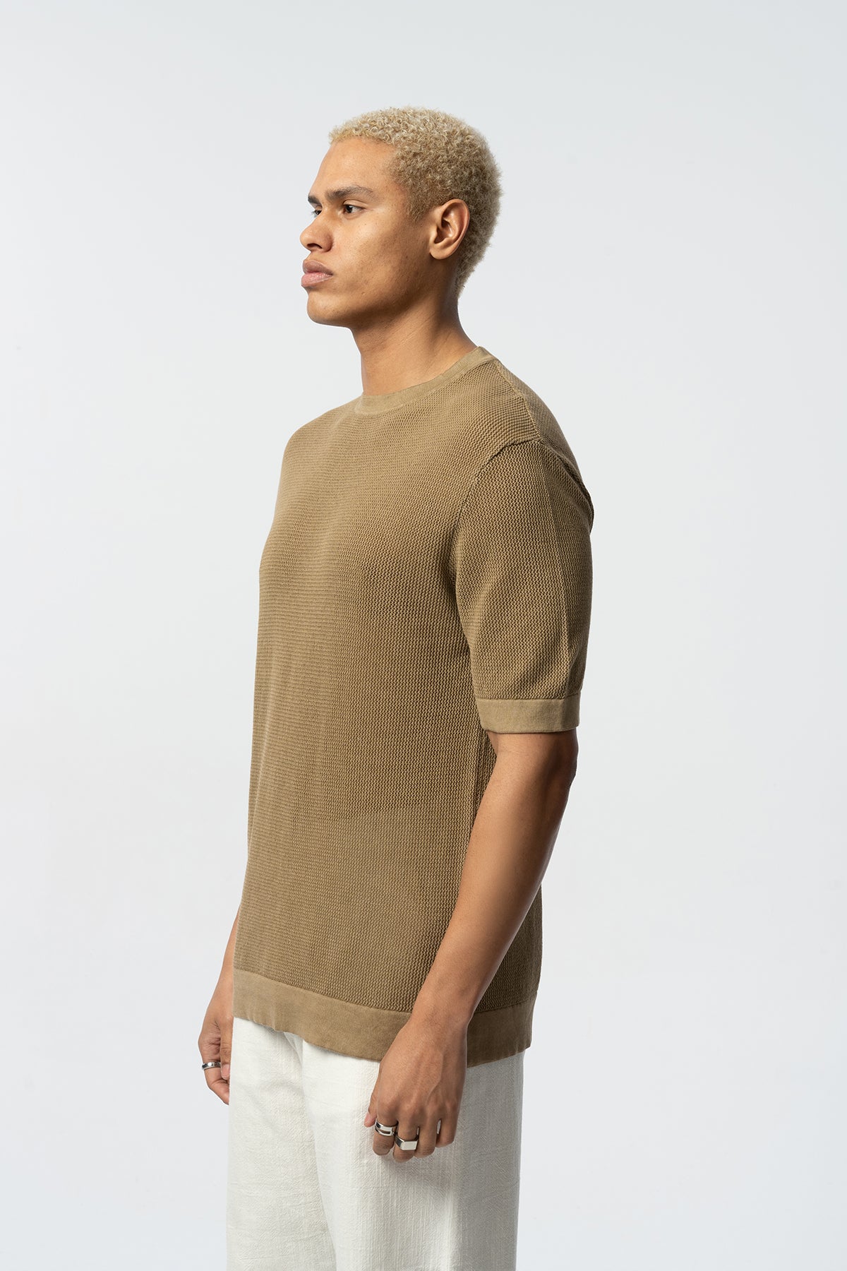 Textured Knit Short Tee – Blue, Grey, Beige & Black