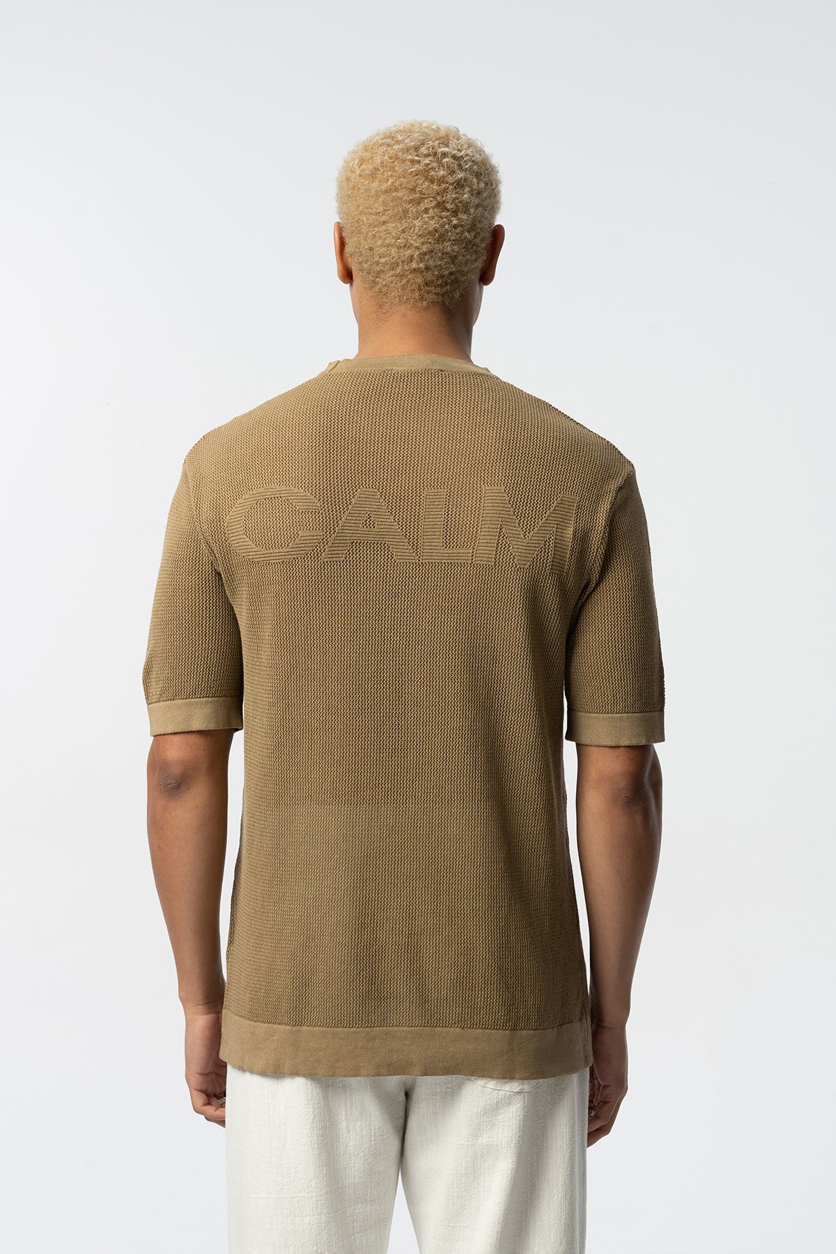 Textured Knit Short Tee – Blue, Grey, Beige & Black