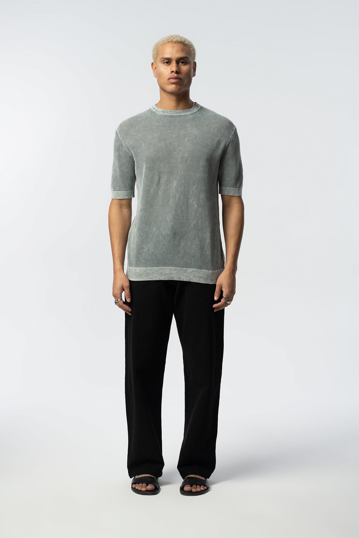 Textured Knit Short Tee – Blue, Grey, Beige & Black