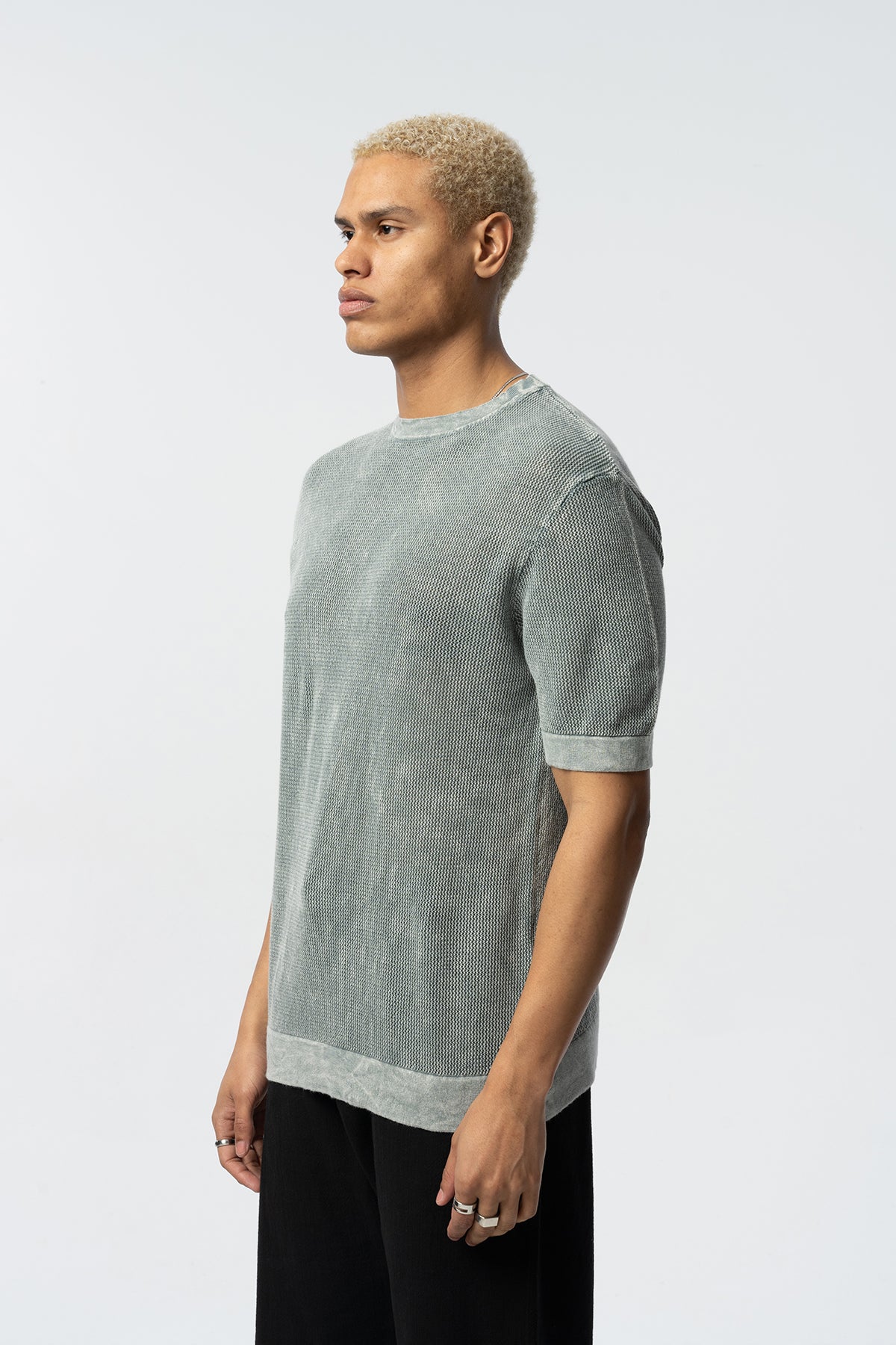 Textured Knit Short Tee – Blue, Grey, Beige & Black