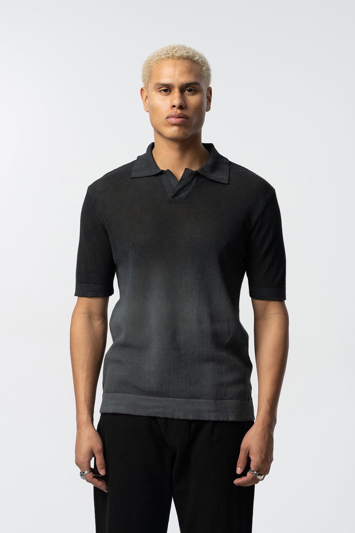 Two-Tone Textured Knit Polo Tee – Black & Grey