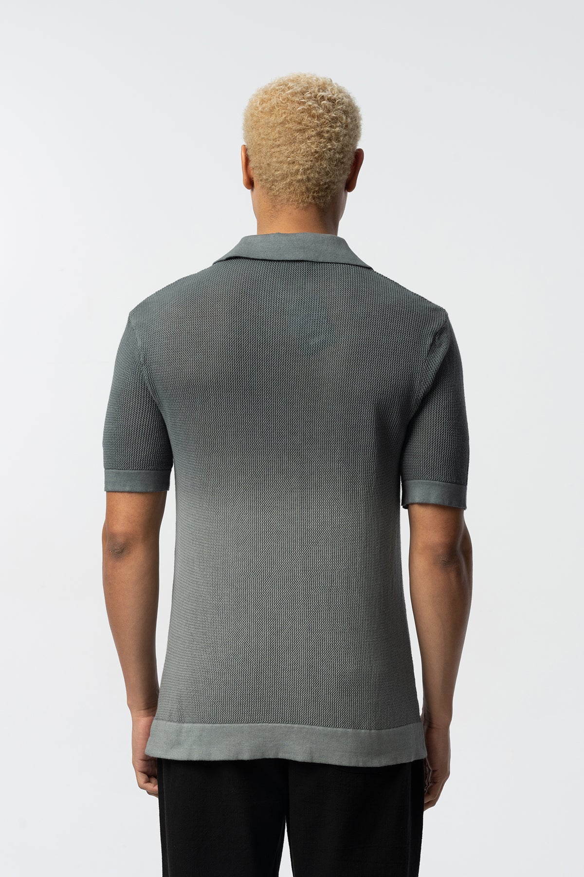 Two-Tone Textured Knit Polo Tee – Black & Grey