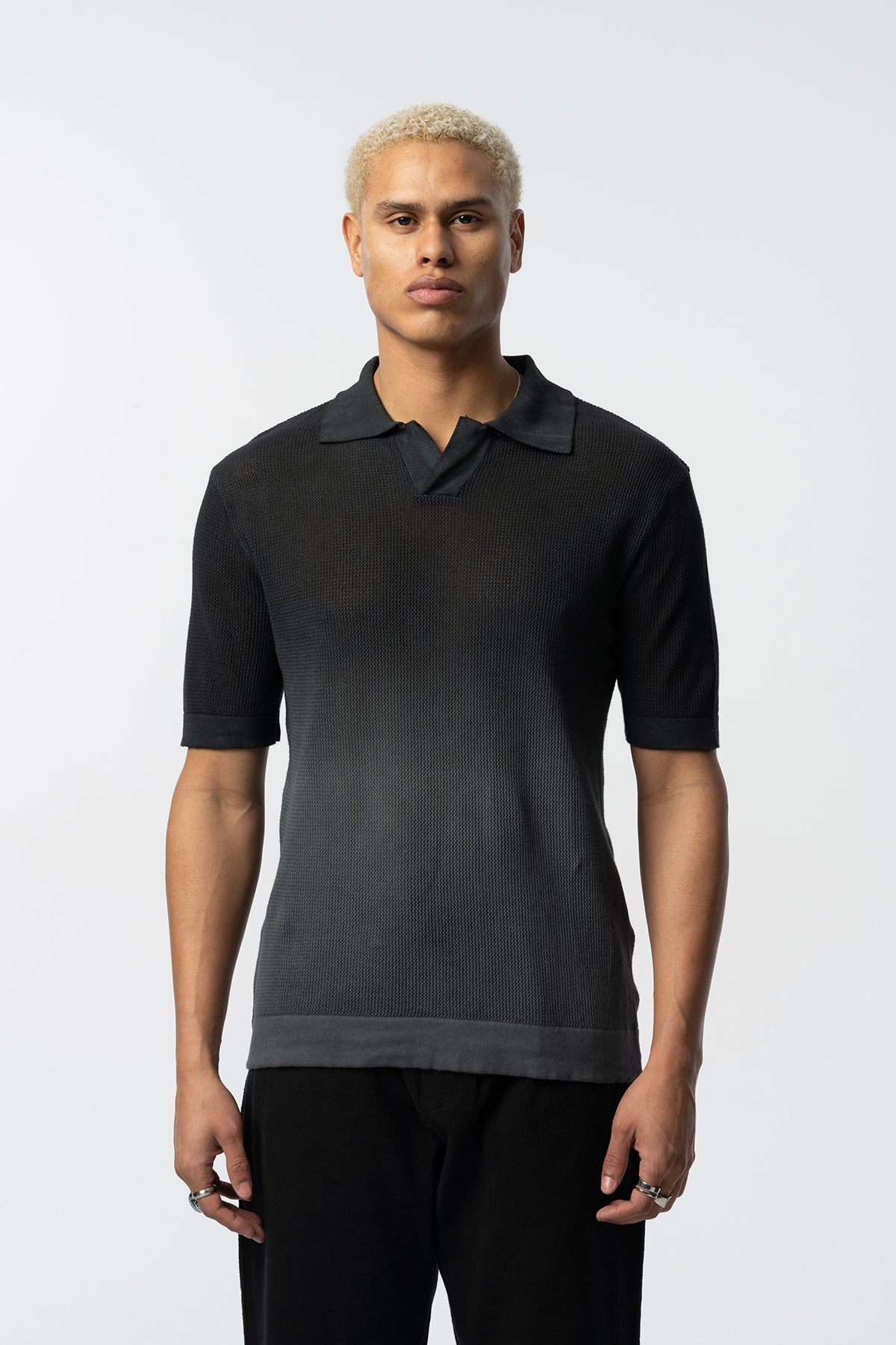 Two-Tone Textured Knit Polo Tee – Black & Grey