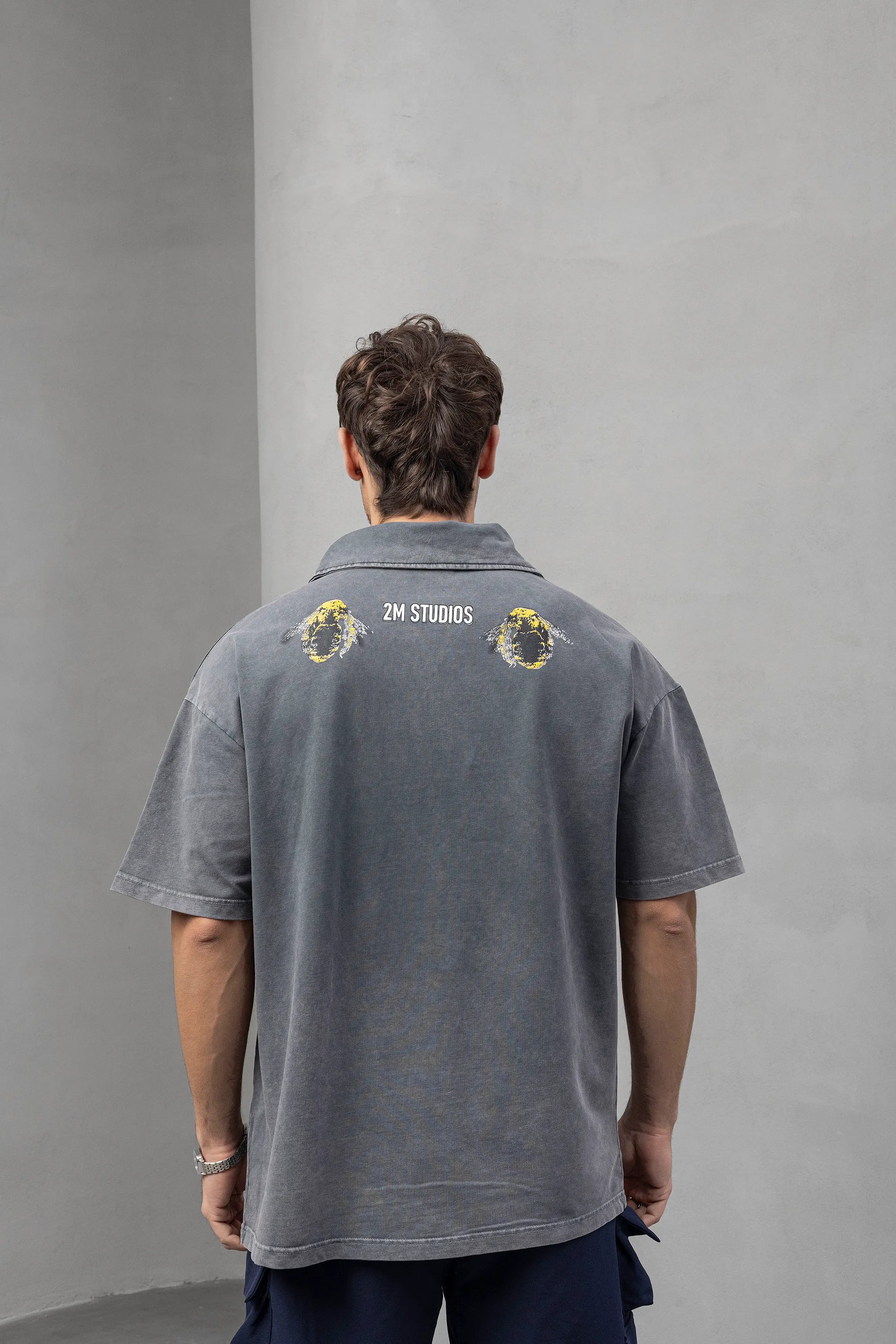 Graphic Grey Polo T-Shirt with Bold Design and Logo