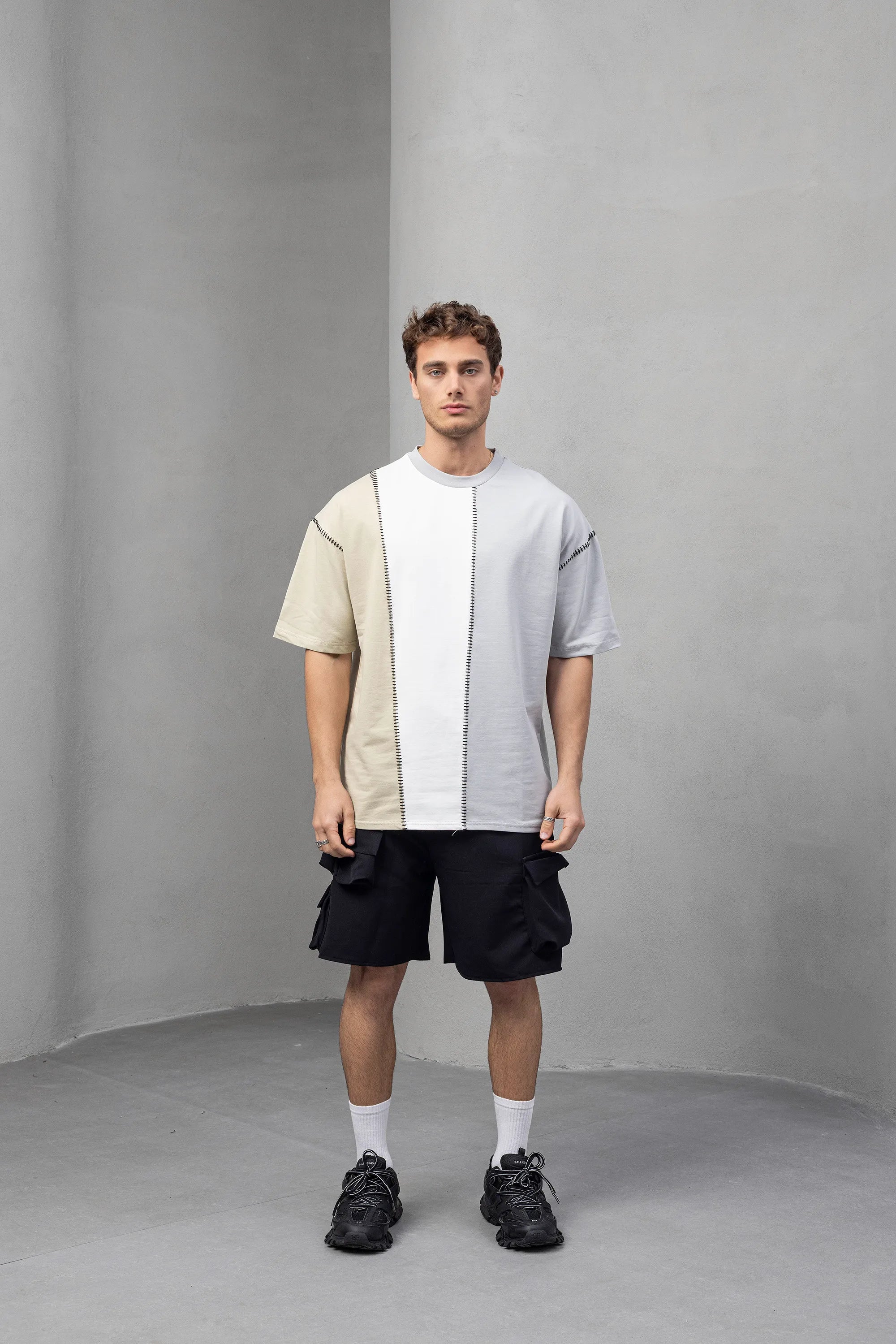 Color-Block Graphic Tee with Contrast Stitching