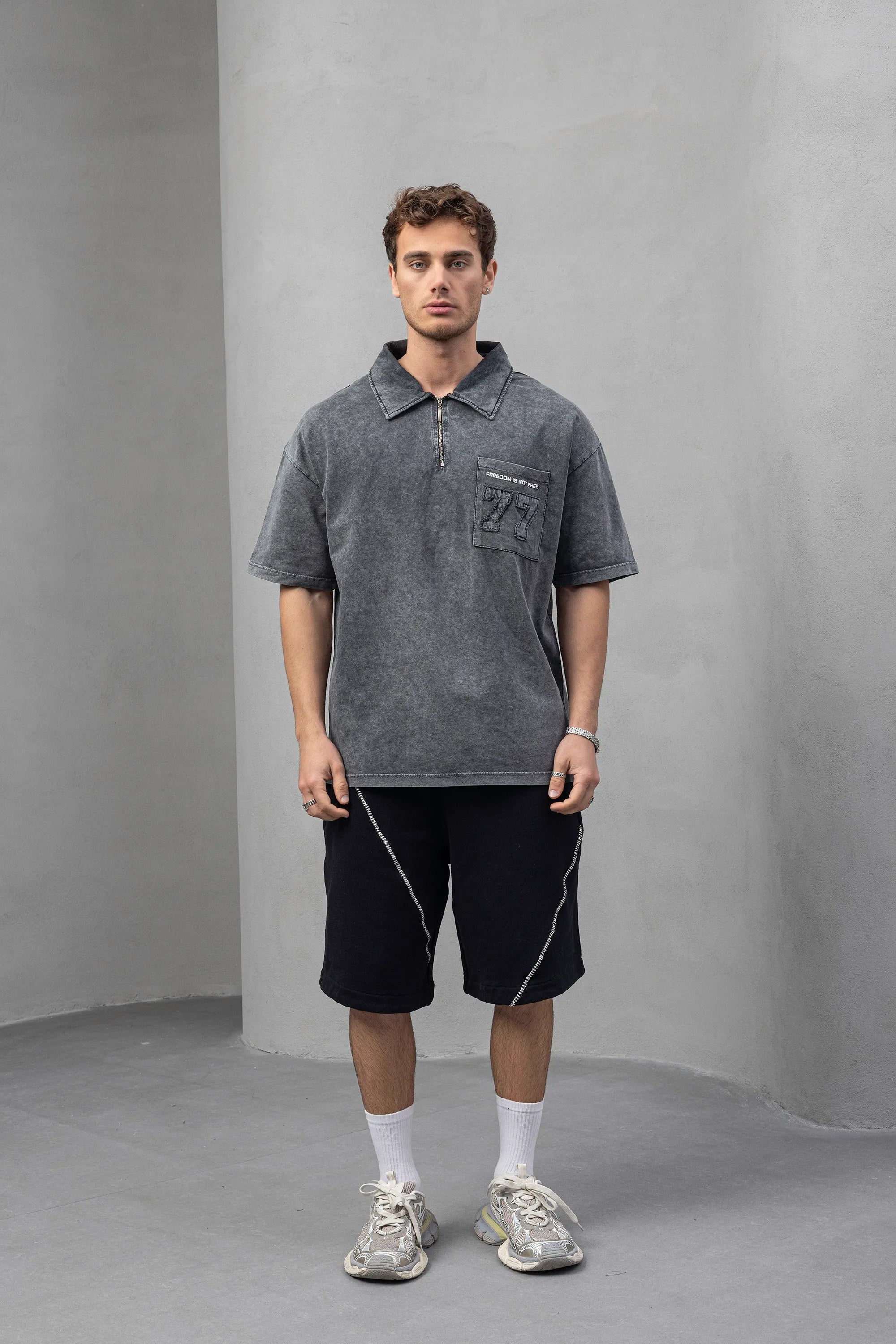 Vintage Grey Polo Tee with 77 Graphic Detail