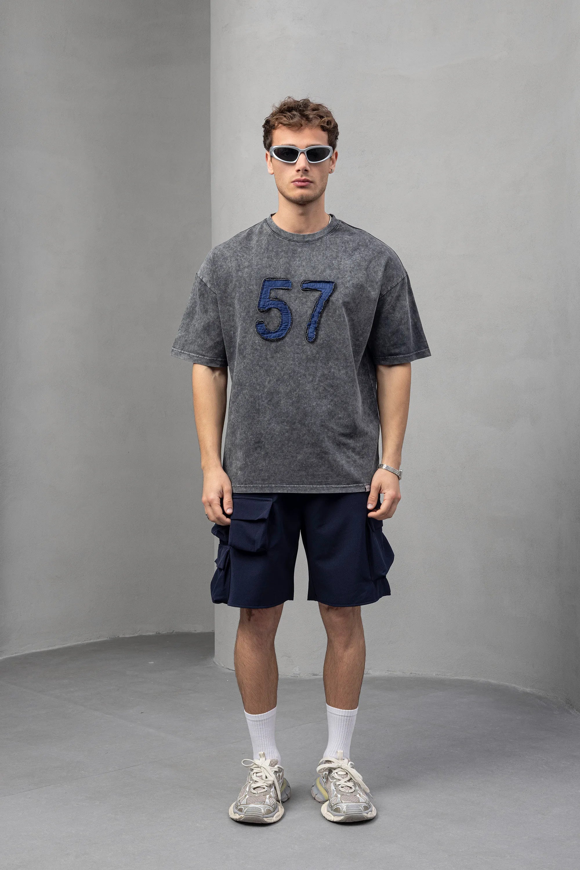 Gray Graphic Tee with Embroidered 57 Design