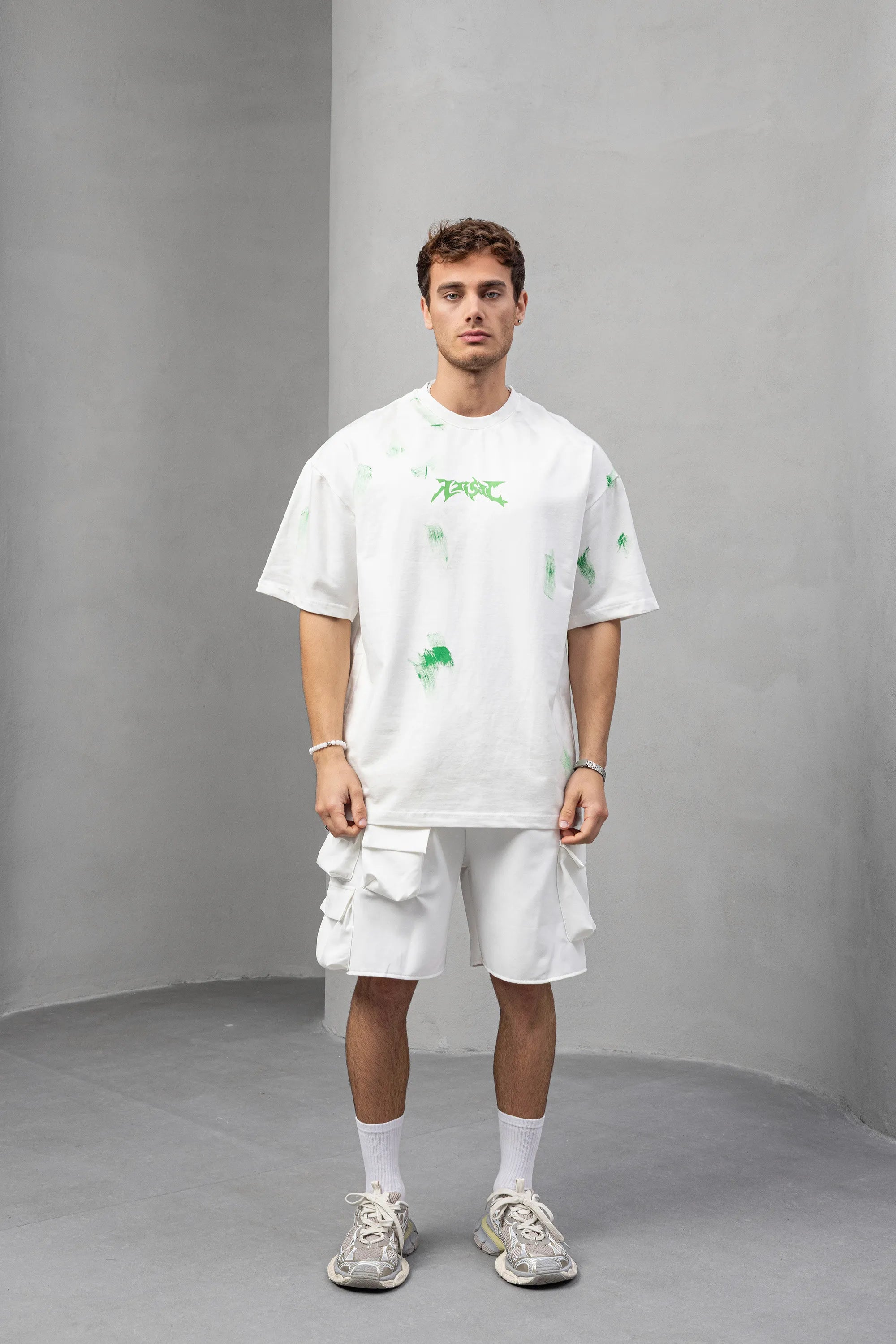 White Graphic Tee with Green Brushstroke Print