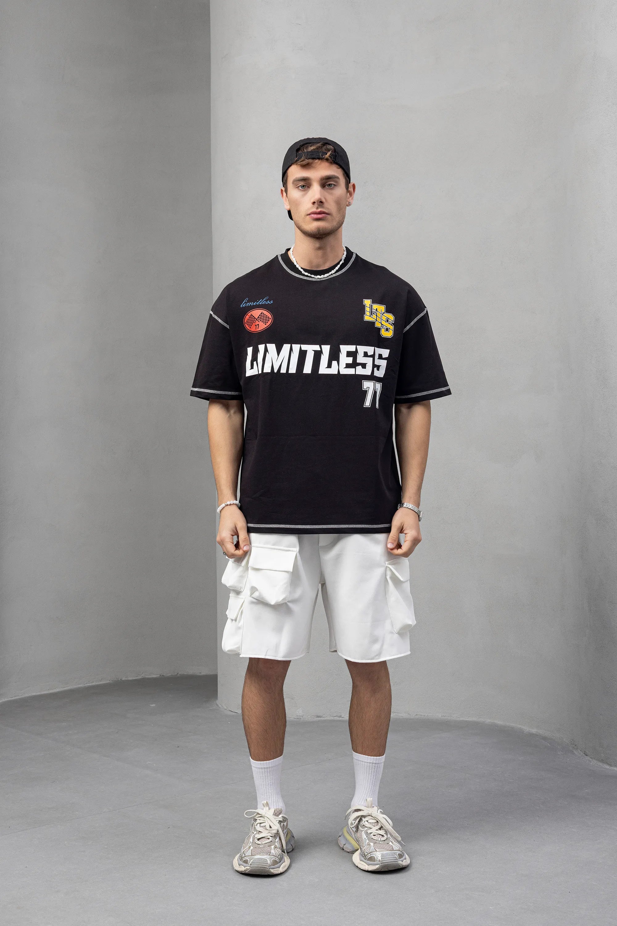 LIMITLESS 77 Graphic Black T-Shirt with Patches