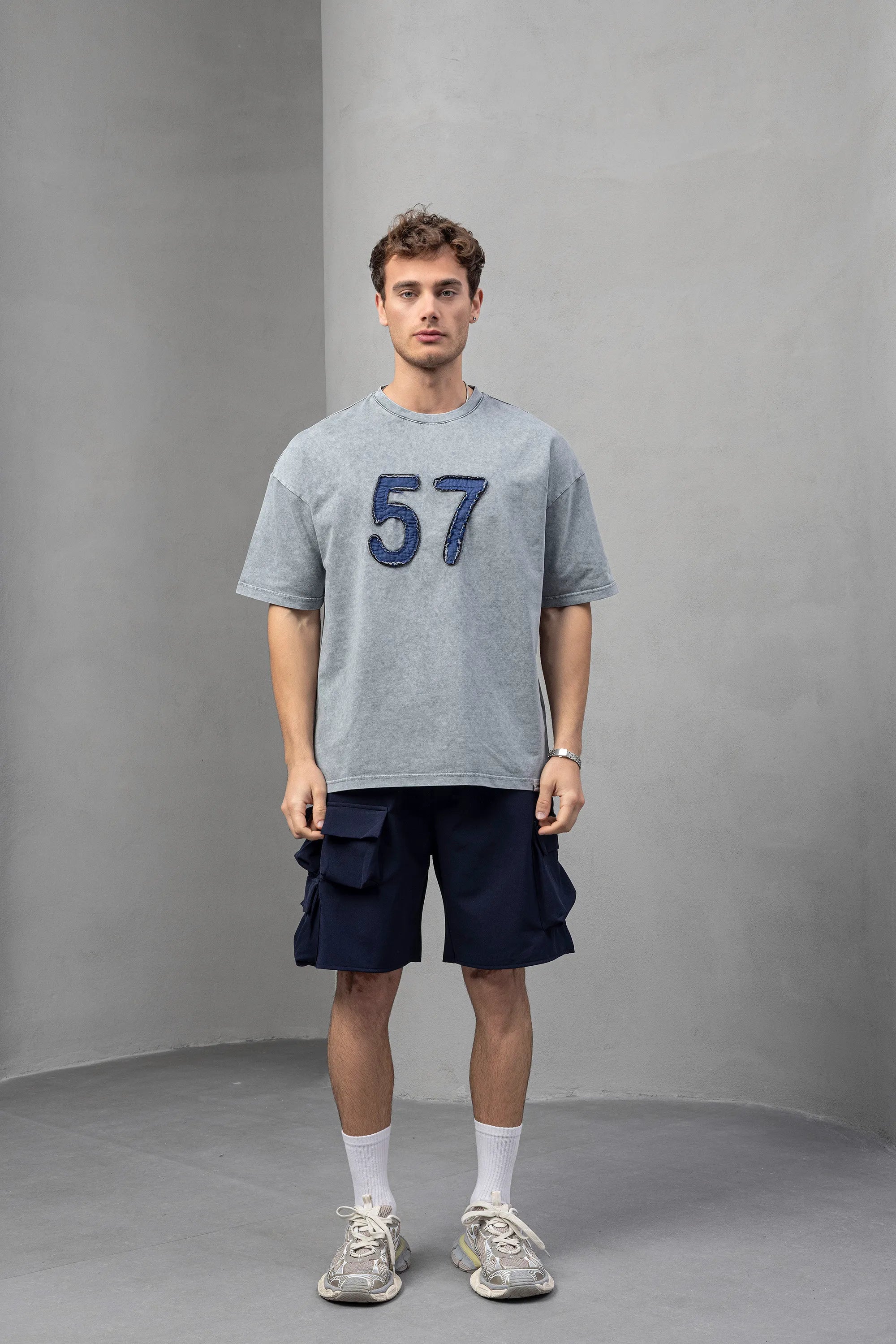 Embroidered Number 57 Graphic T-Shirt - Grey Casual Tee