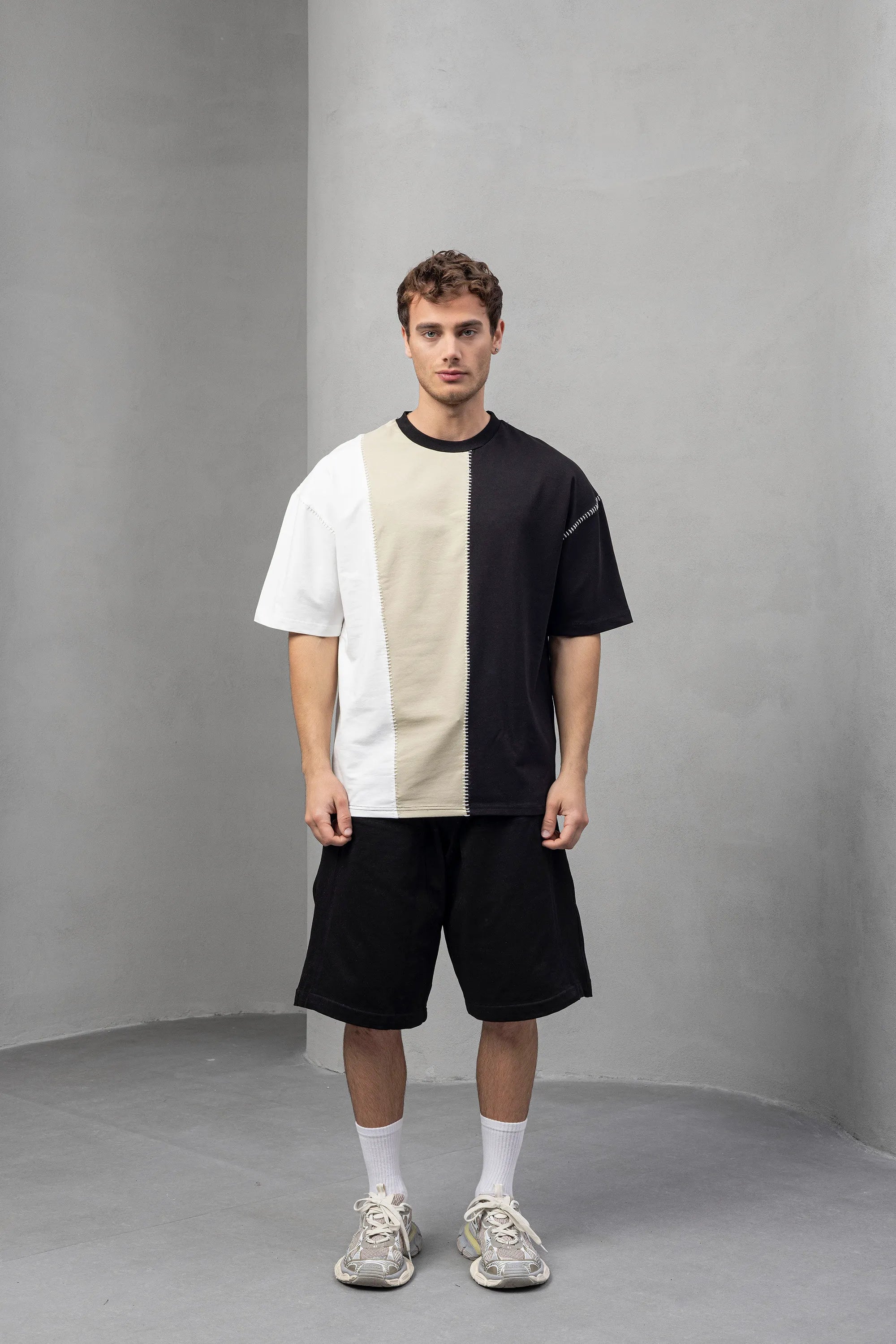 Color Block Graphic T-Shirt - Black White Beige Design