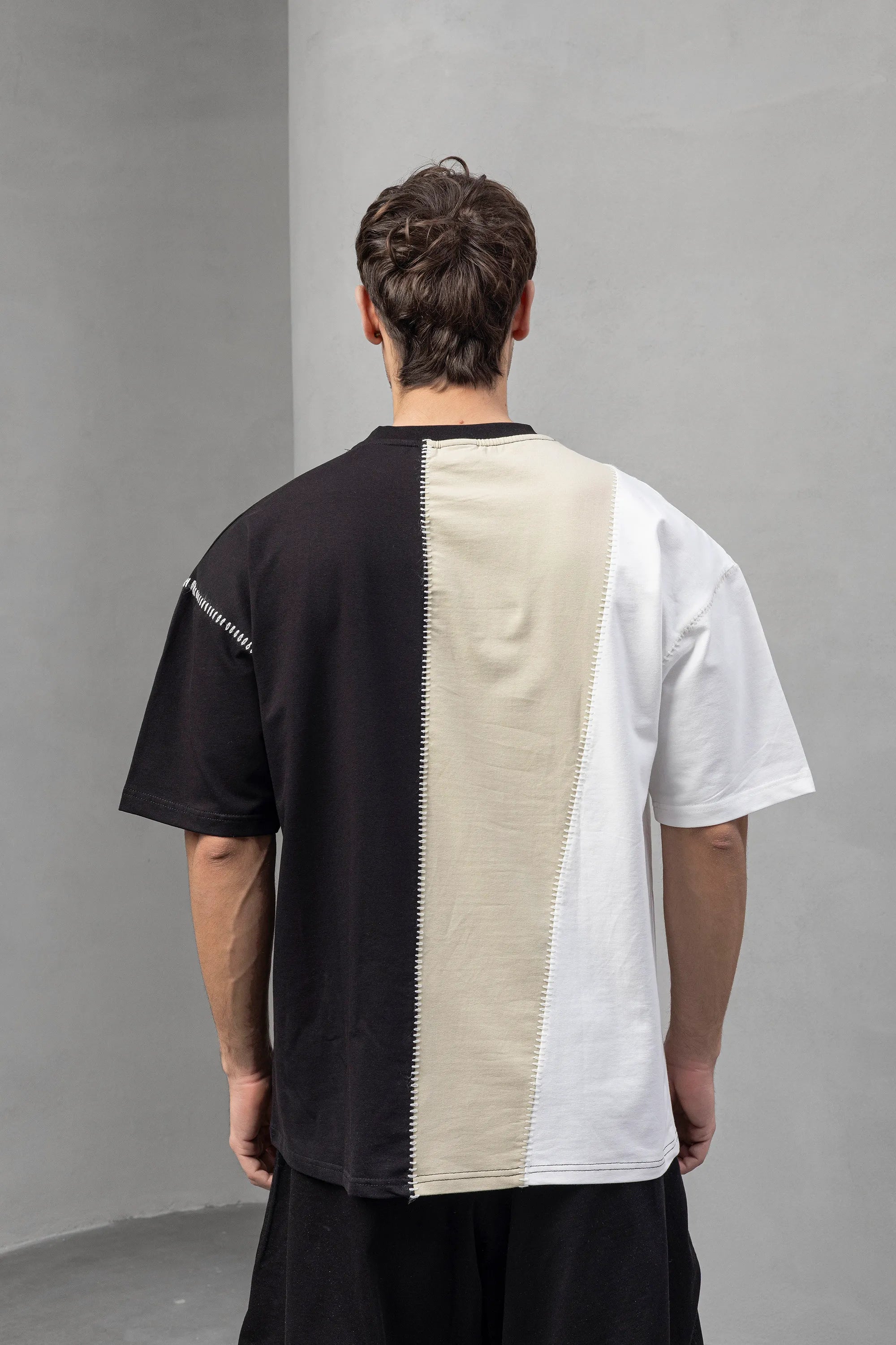 Color Block Graphic T-Shirt - Black White Beige Design