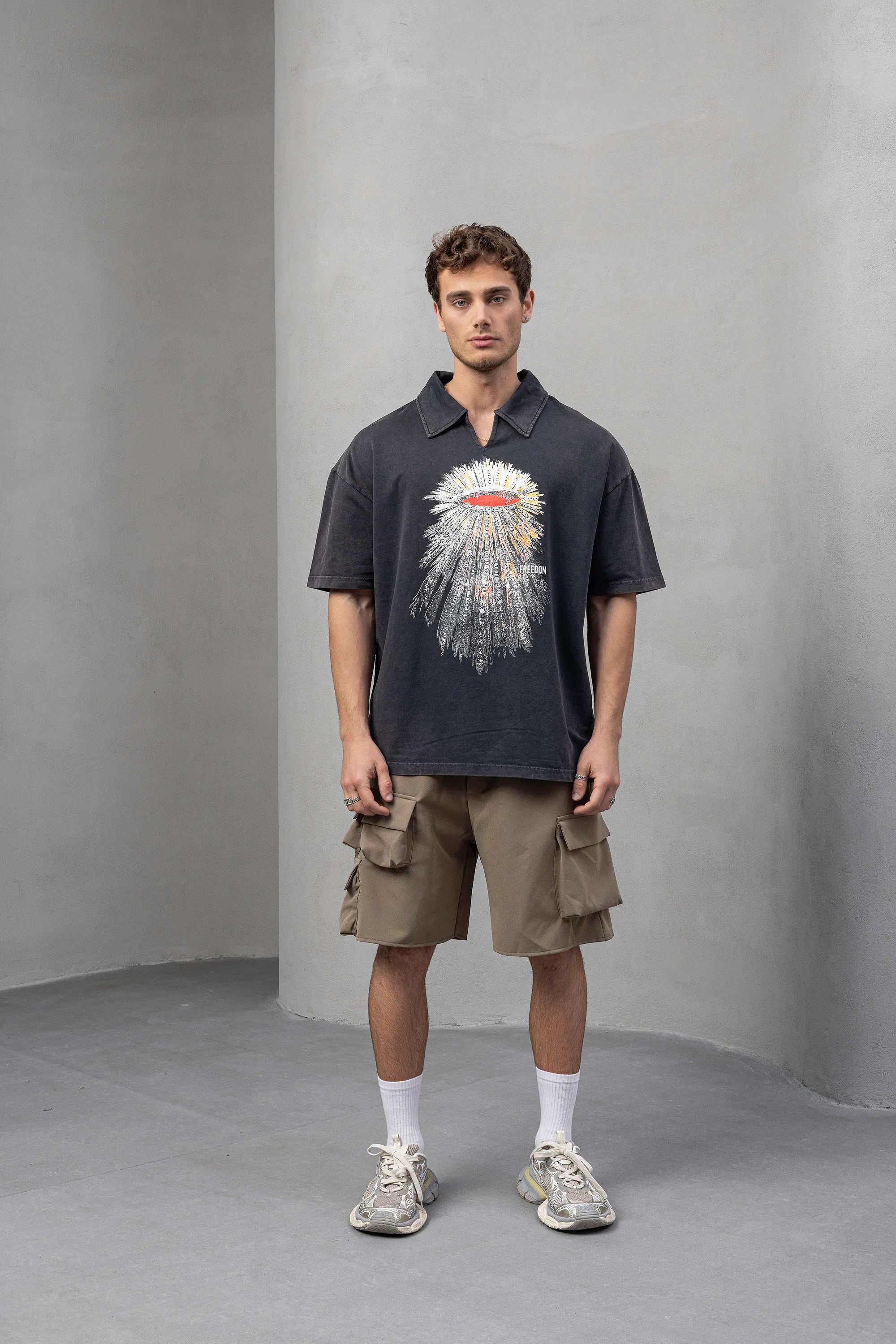 Graphic Freedom Polo T-Shirt - Black with Print Design