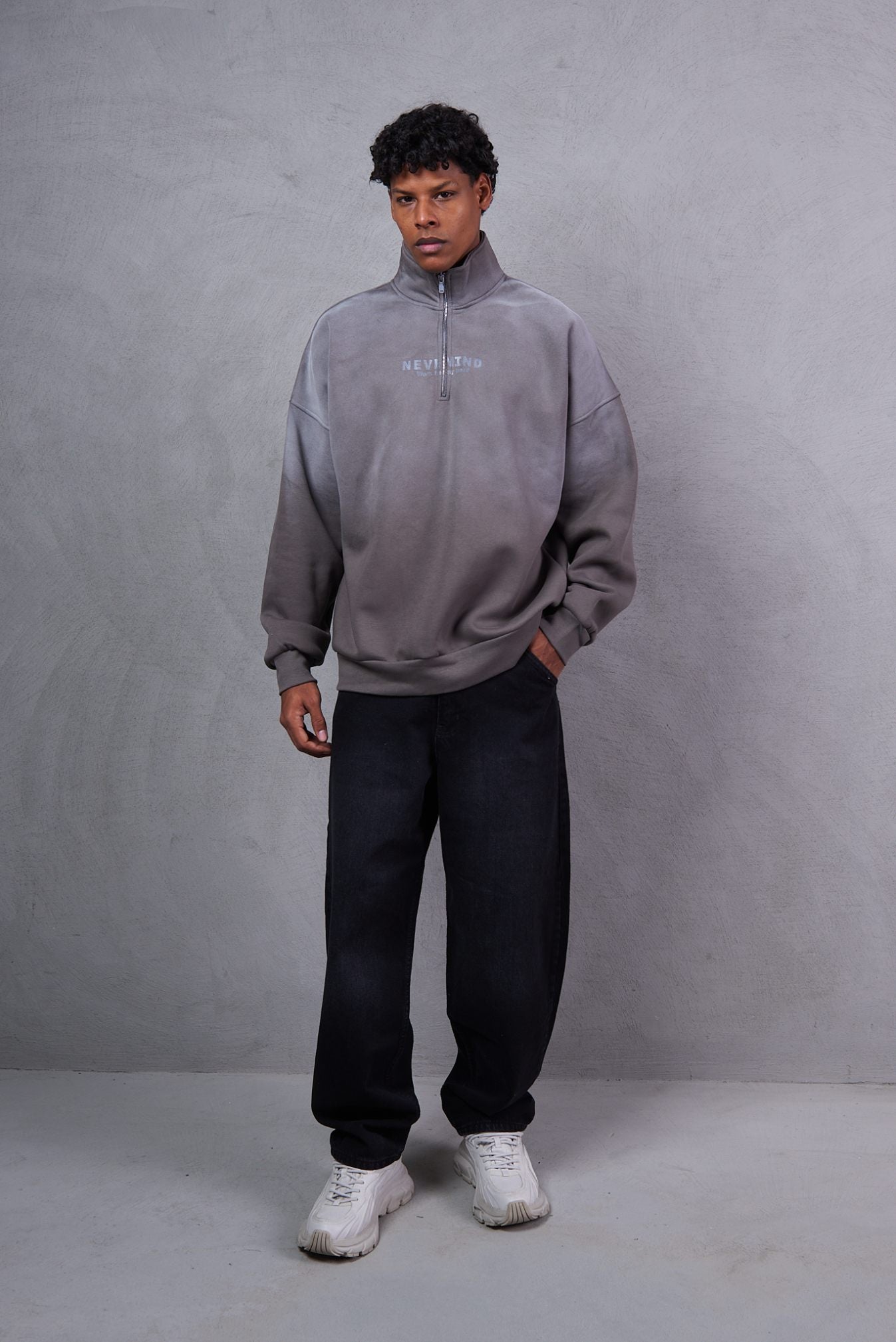 Alexander Wang Oversized Half-Zip Sweatshirt – Washed Asphalt / Black
