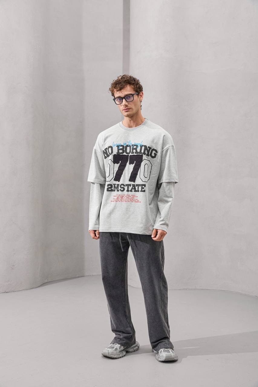 No Boring 77 Graphic Layered Long Sleeve T-Shirt – Grey