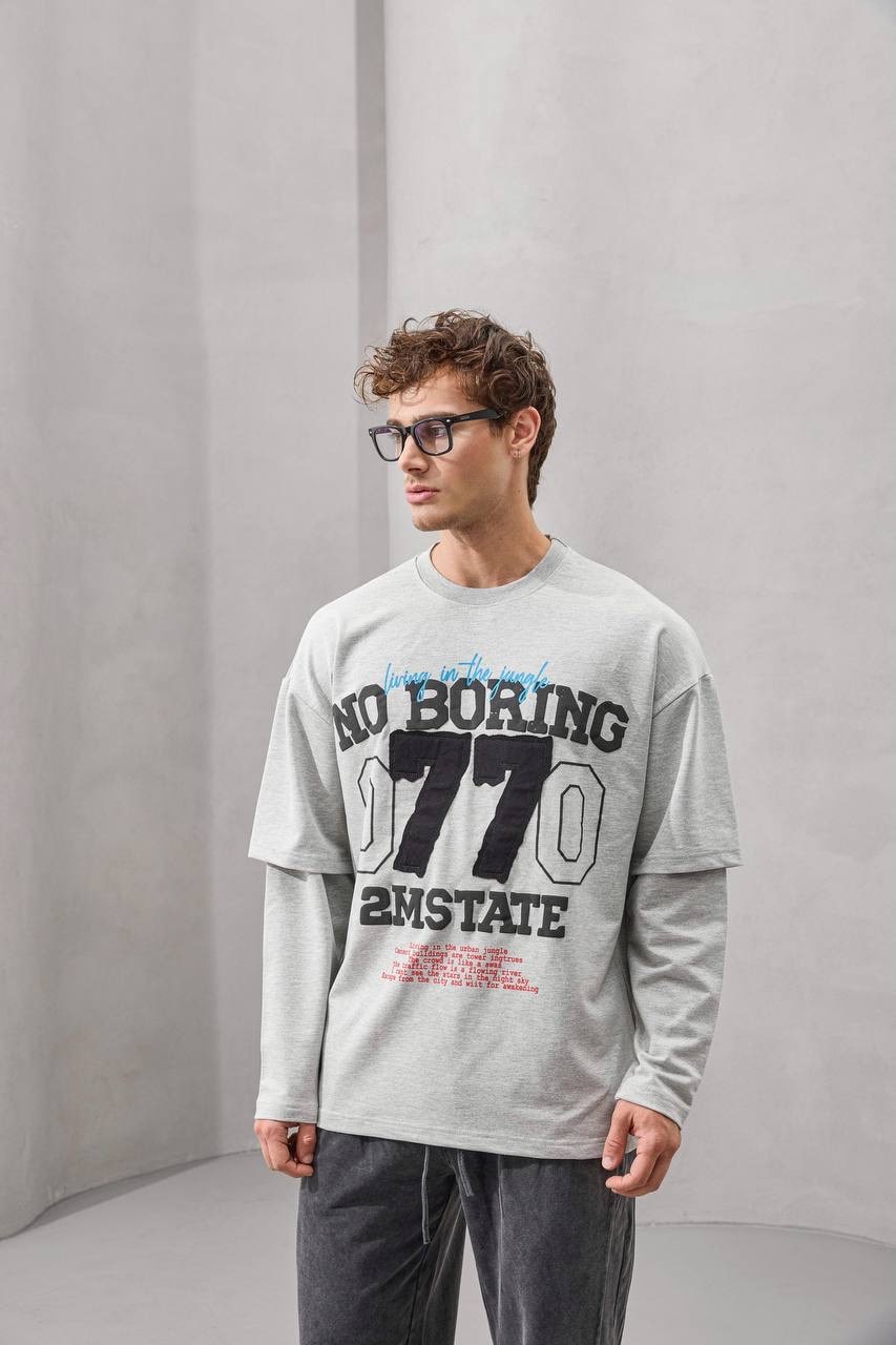 No Boring 77 Graphic Layered Long Sleeve T-Shirt – Grey