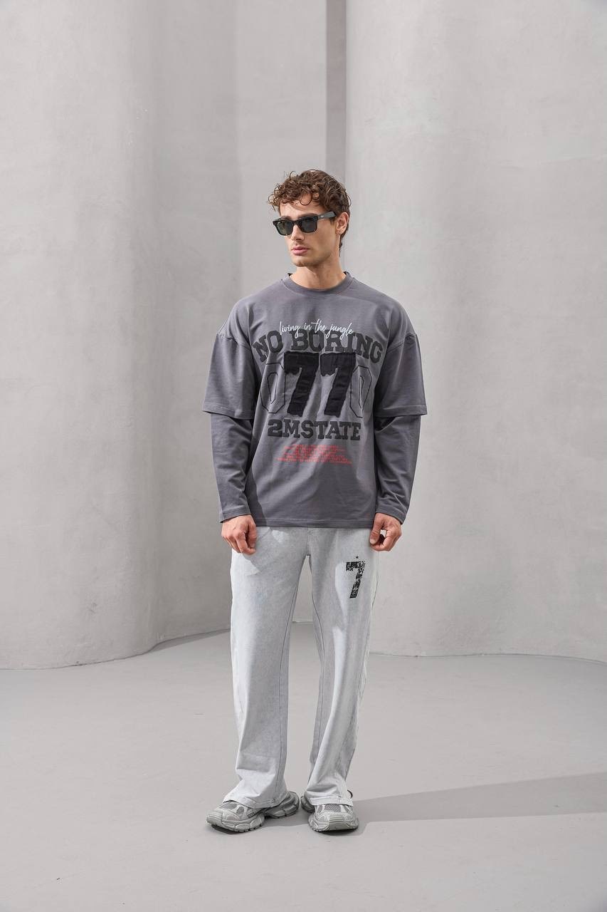 No Boring 77 Graphic Layered Long Sleeve T-Shirt – Charcoal Grey