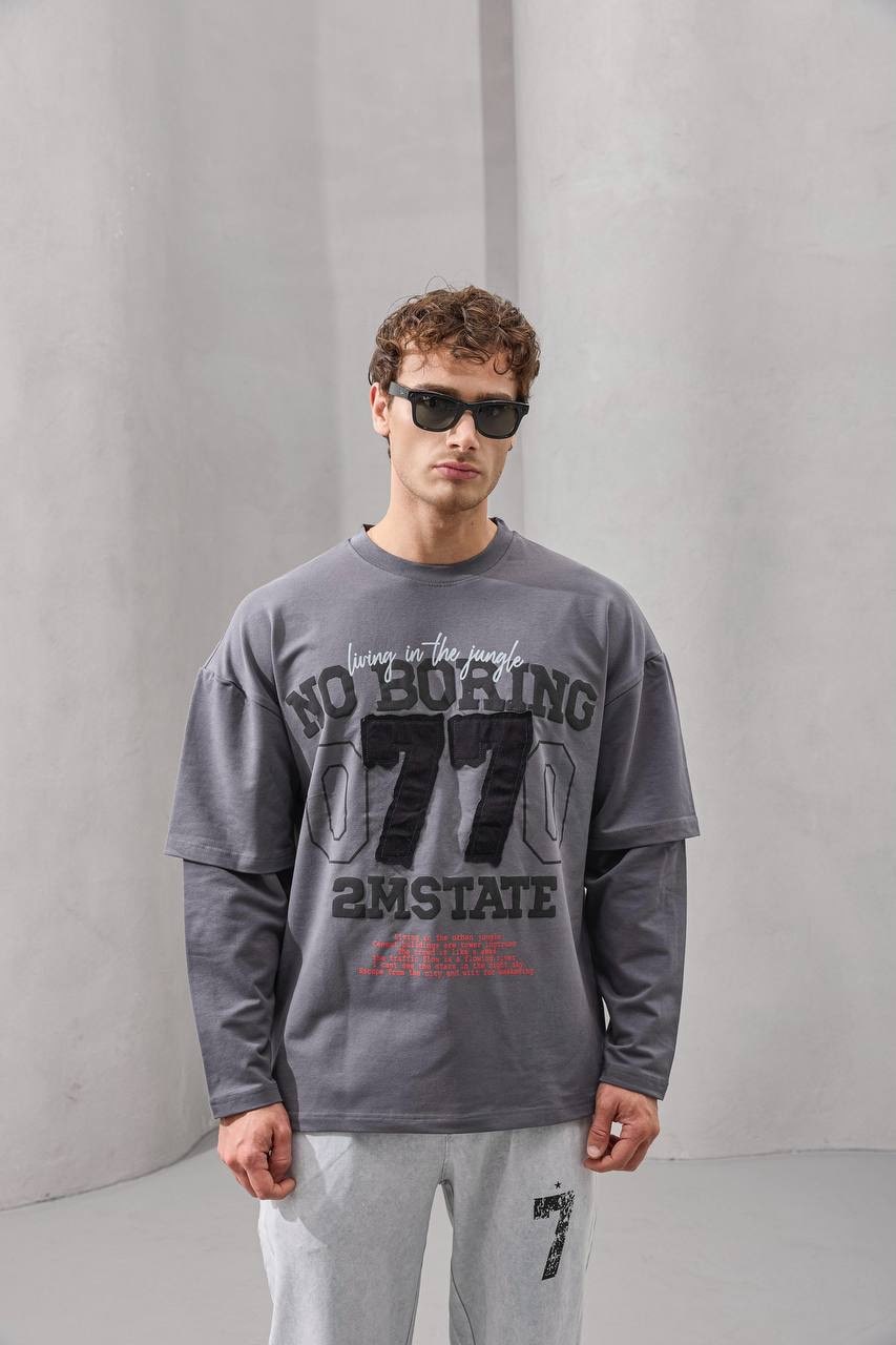 No Boring 77 Graphic Layered Long Sleeve T-Shirt – Charcoal Grey