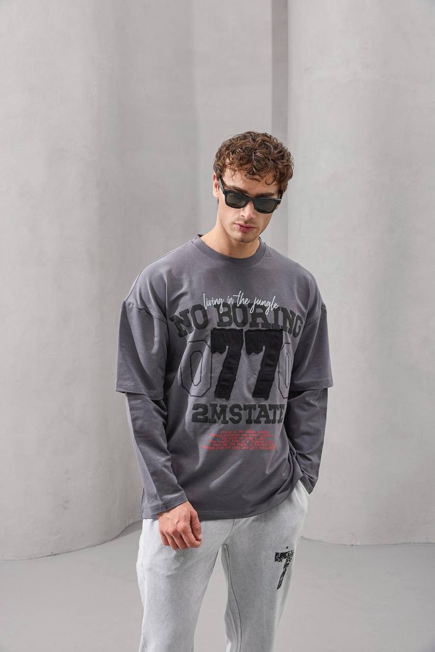 No Boring 77 Graphic Layered Long Sleeve T-Shirt – Charcoal Grey