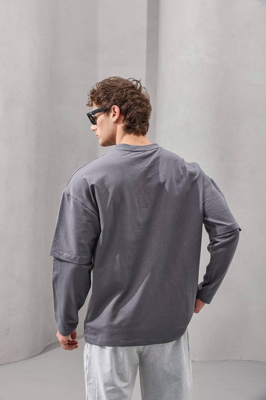 No Boring 77 Graphic Layered Long Sleeve T-Shirt – Charcoal Grey