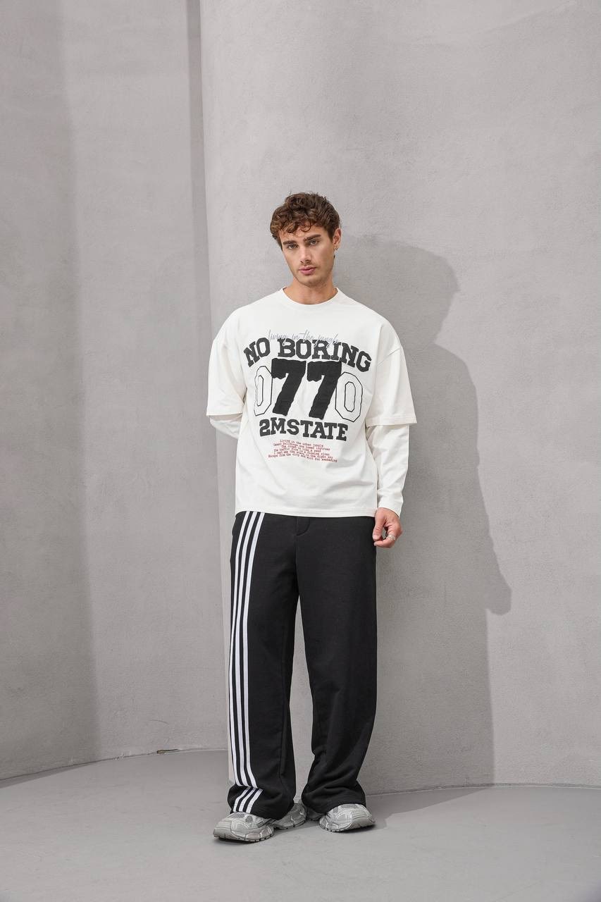 No Boring 77 Graphic Layered Long Sleeve T-Shirt – White