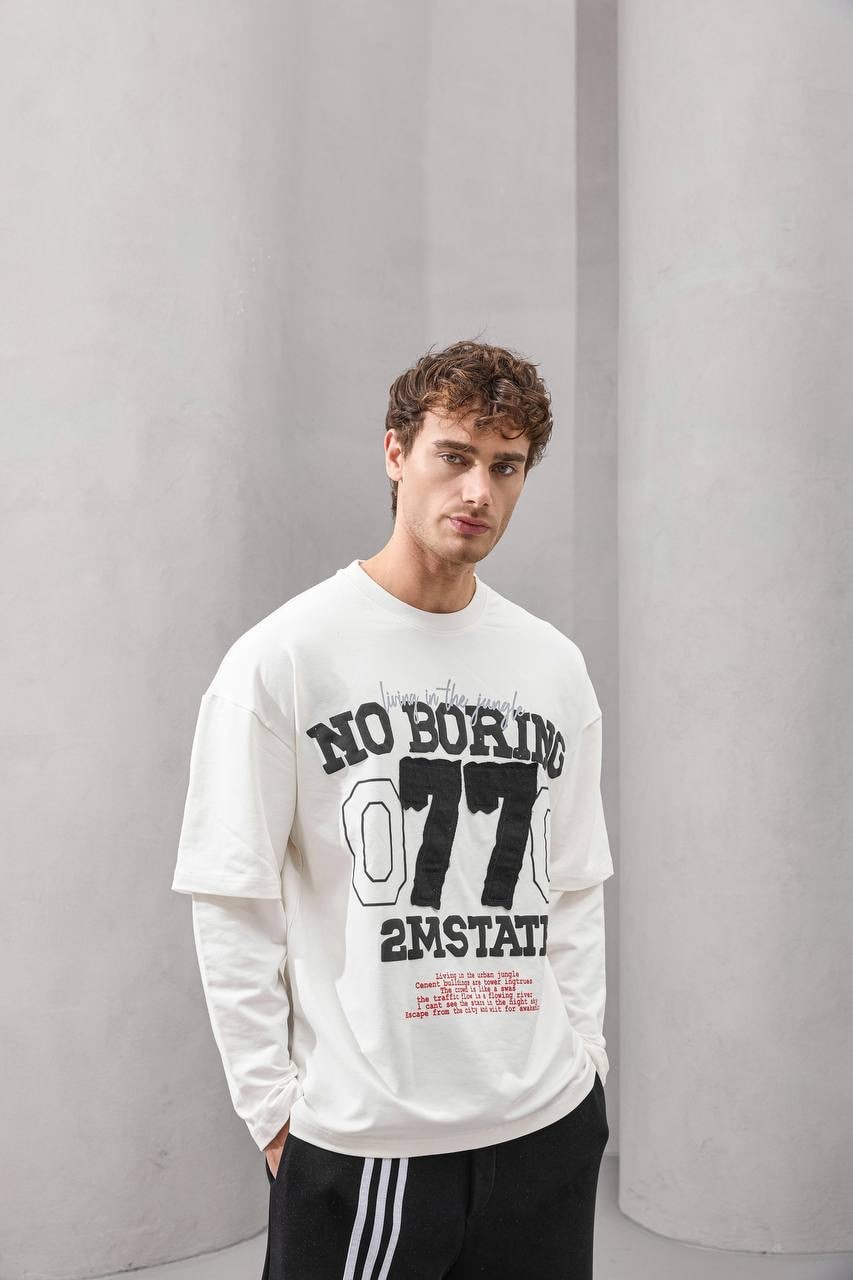 No Boring 77 Graphic Layered Long Sleeve T-Shirt – White