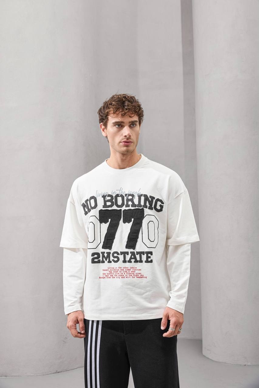 No Boring 77 Graphic Layered Long Sleeve T-Shirt – White
