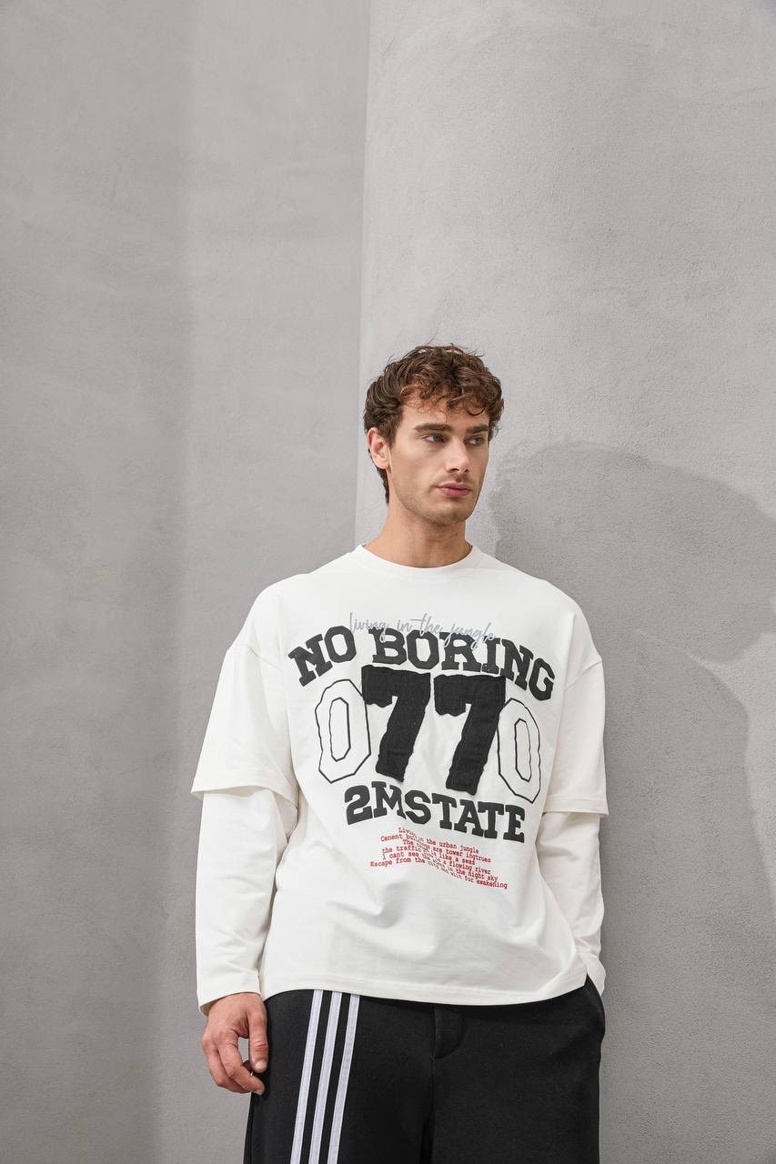 No Boring 77 Graphic Layered Long Sleeve T-Shirt – White