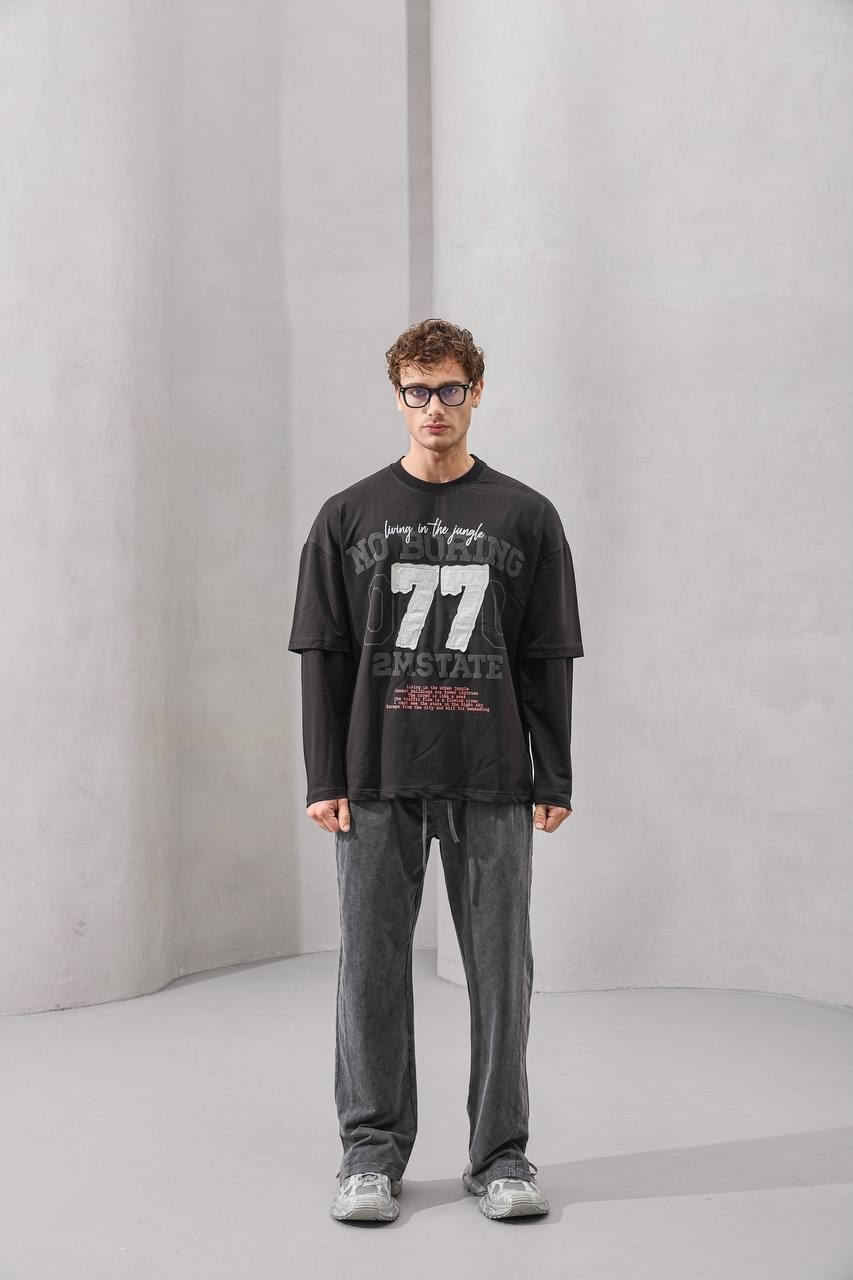 No Boring 77 Graphic Layered Long Sleeve T-Shirt – Black
