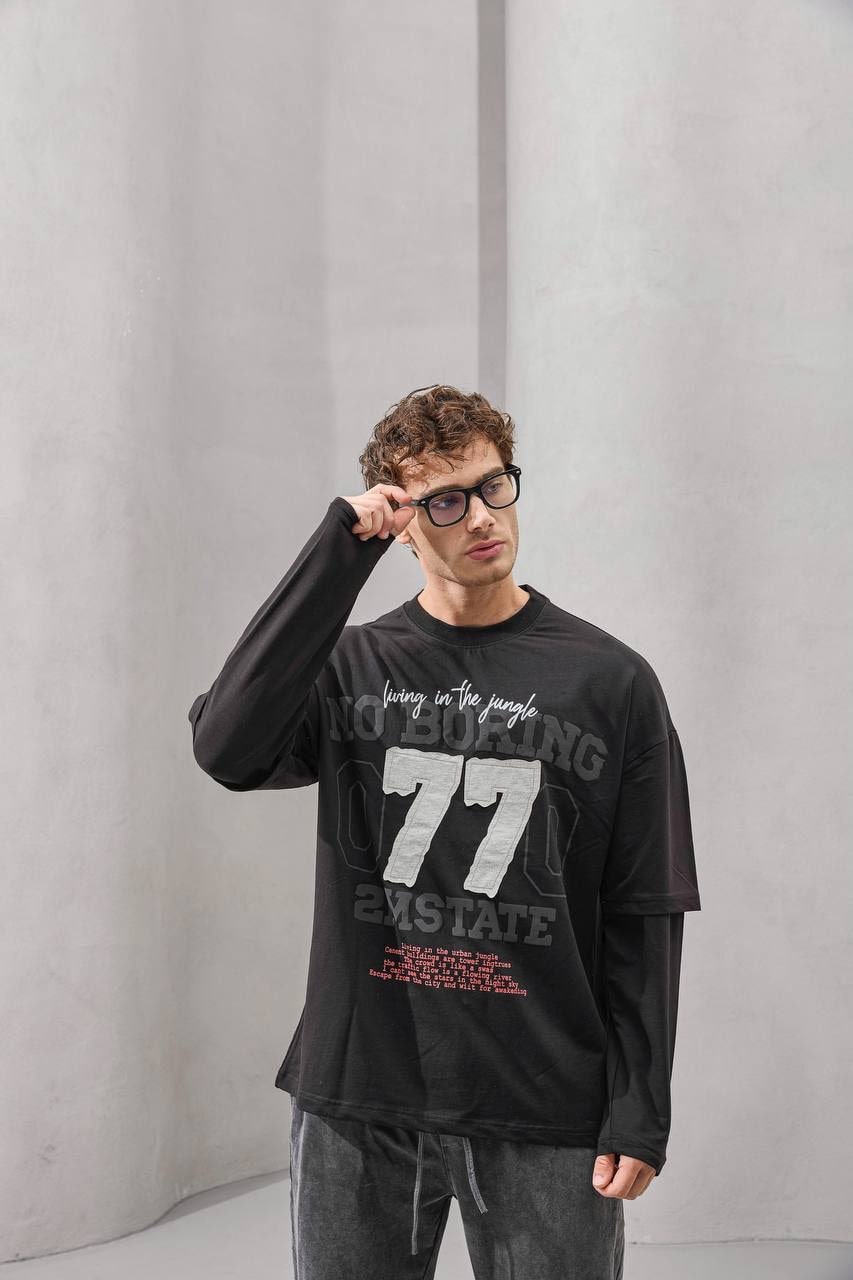 No Boring 77 Graphic Layered Long Sleeve T-Shirt – Black