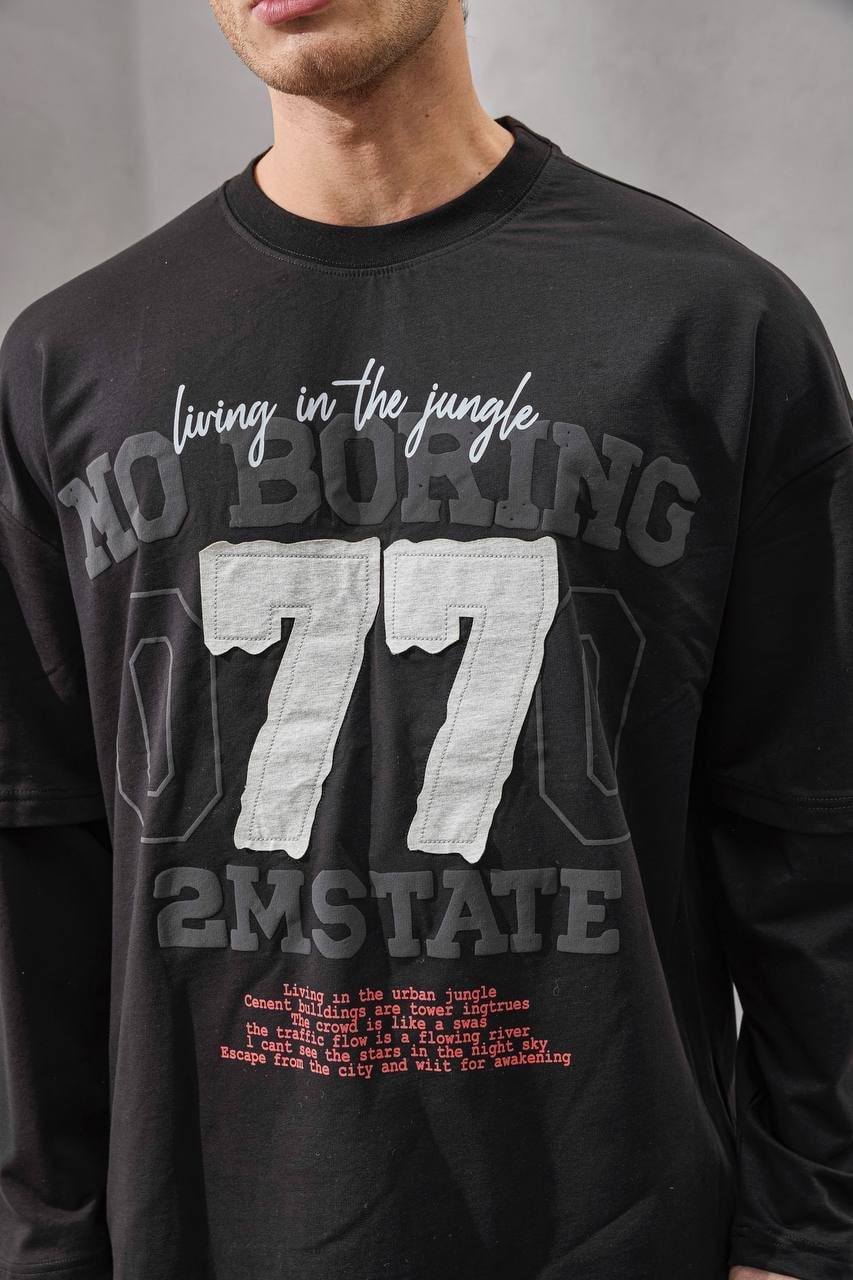 No Boring 77 Graphic Layered Long Sleeve T-Shirt – Black
