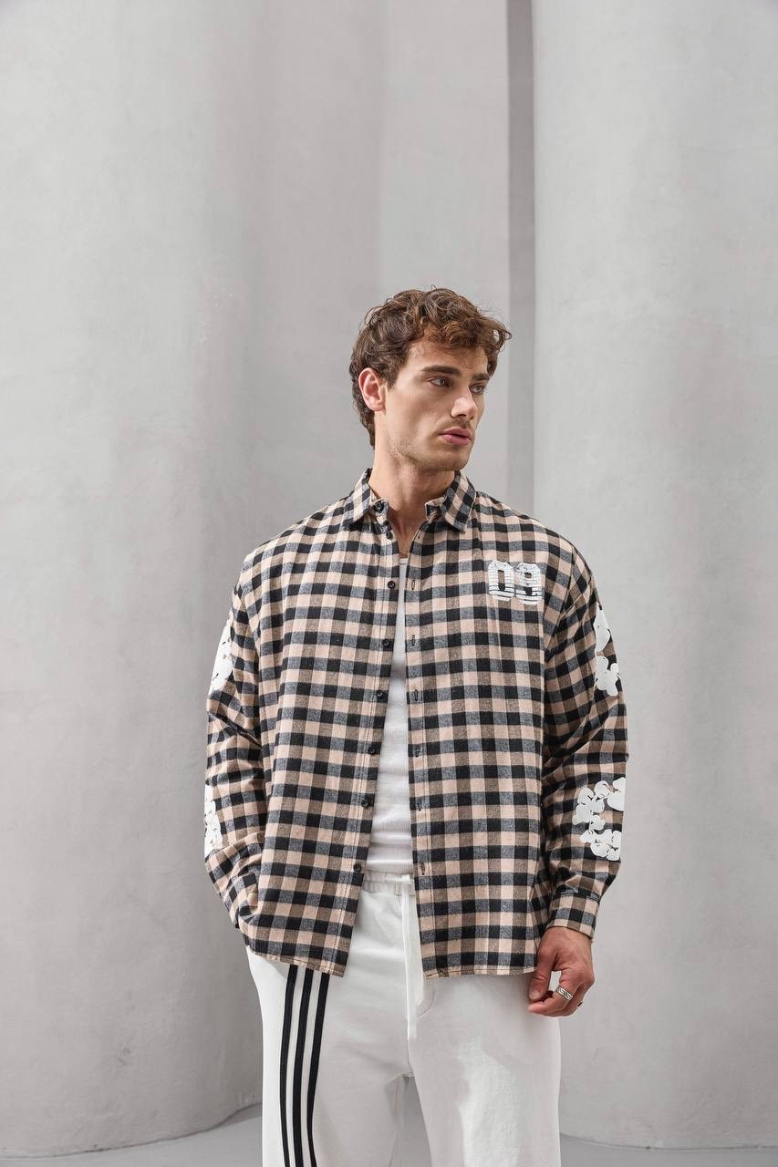 2MState Checkered Oversized Embroidered Shirt Collection – Red & Beige Edition