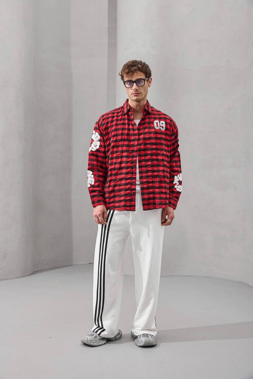 2MState Checkered Oversized Embroidered Shirt Collection – Red & Beige Edition