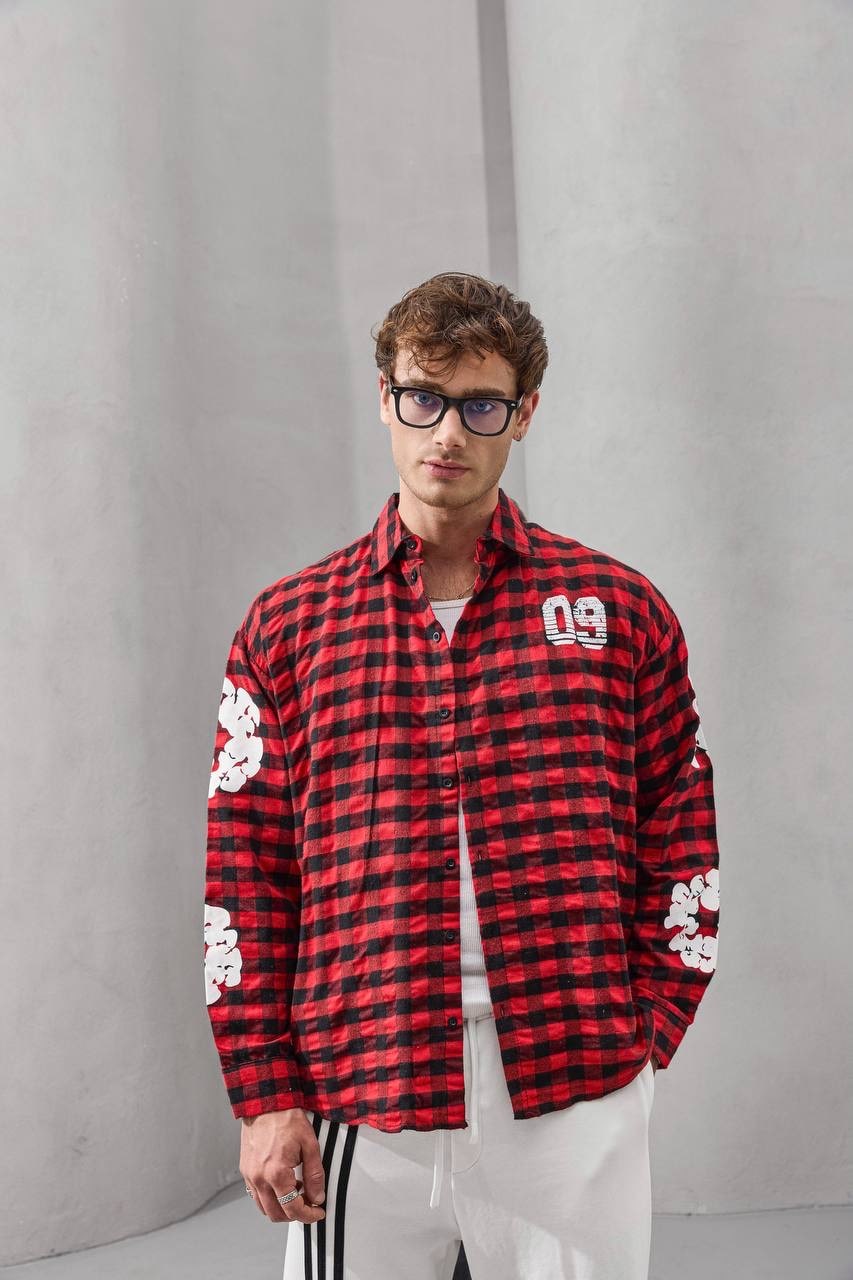 2MState Checkered Oversized Embroidered Shirt Collection – Red & Beige Edition