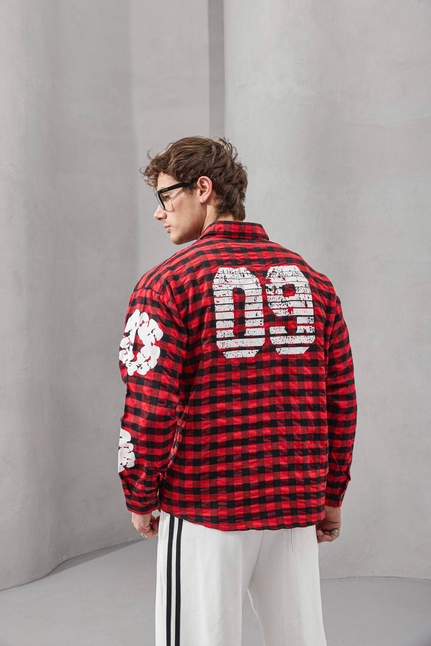 2MState Checkered Oversized Embroidered Shirt Collection – Red & Beige Edition