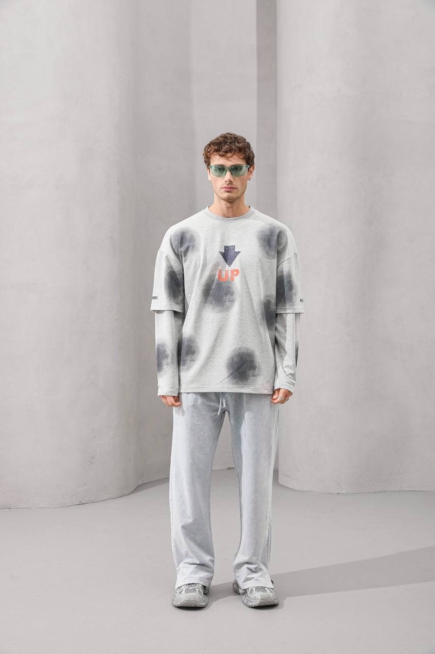 2MState “UP Arrow” Dual Layer Graphic Long Sleeve T-Shirt – Gray, White & Black Edition
