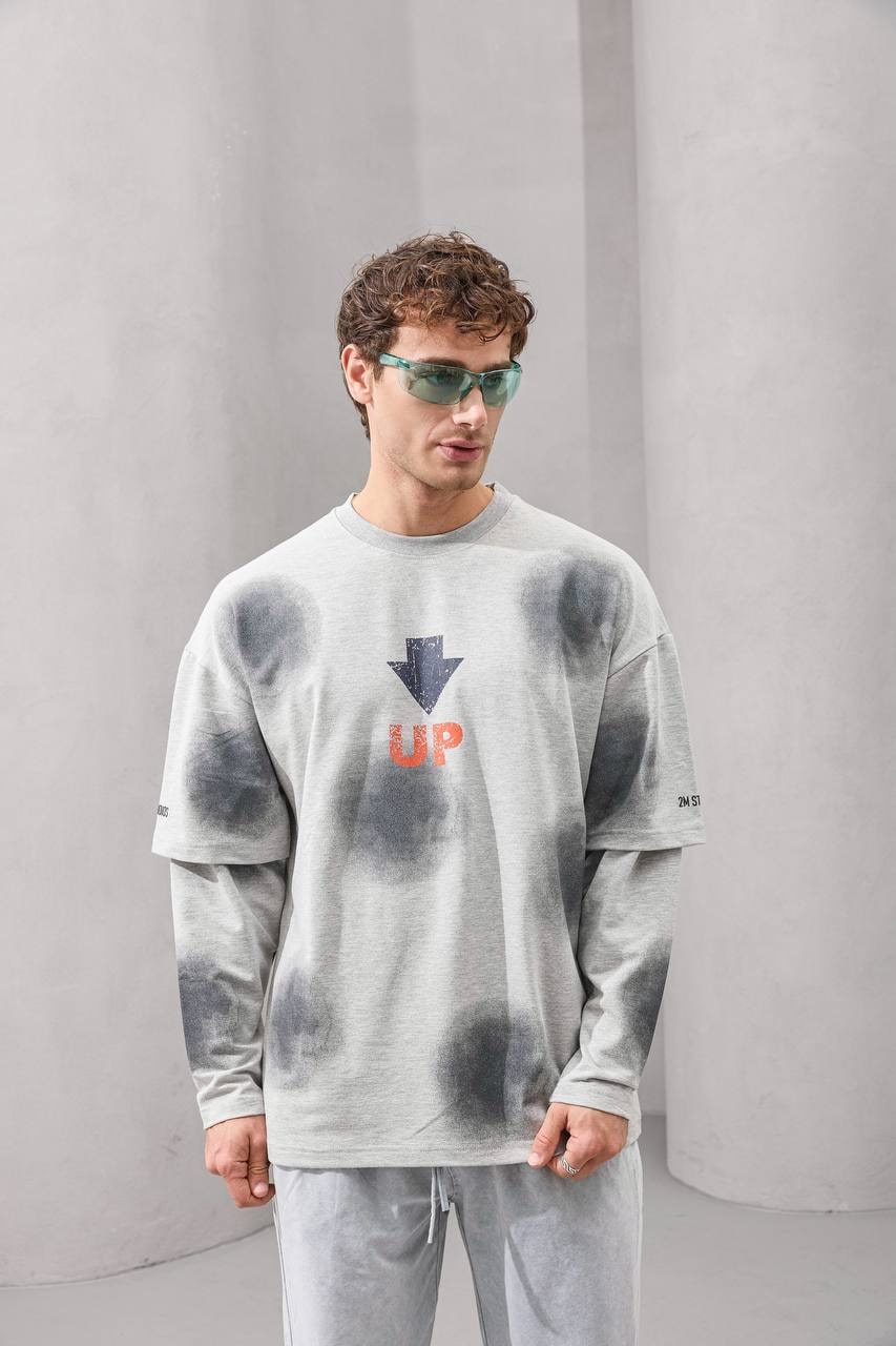 2MState “UP Arrow” Dual Layer Graphic Long Sleeve T-Shirt – Gray, White & Black Edition