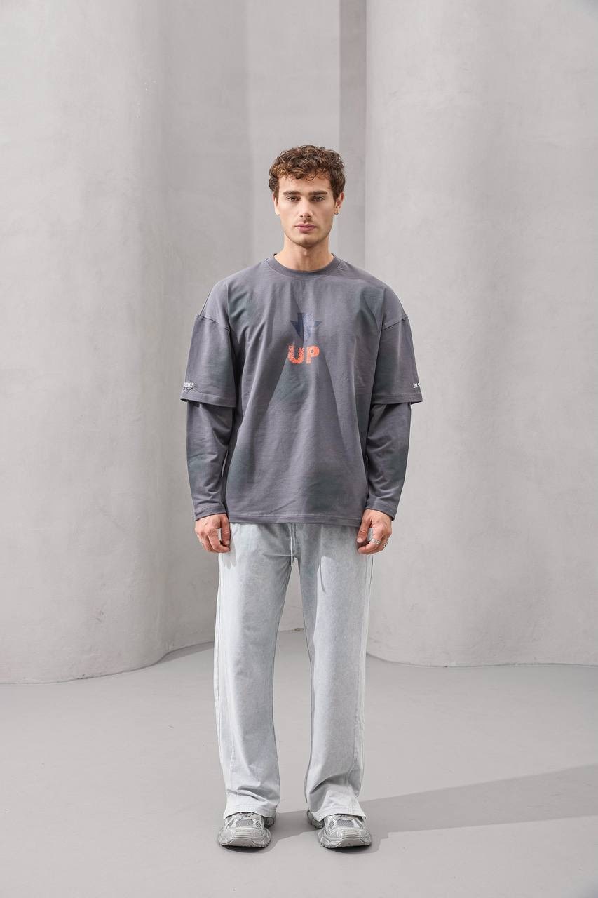 2MState “UP Arrow” Dual Layer Oversized Long Sleeve T-Shirt – Gray, White & Black