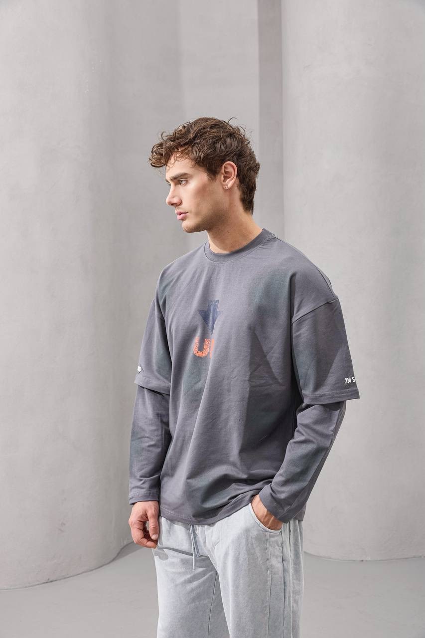 2MState “UP Arrow” Dual Layer Oversized Long Sleeve T-Shirt – Gray, White & Black