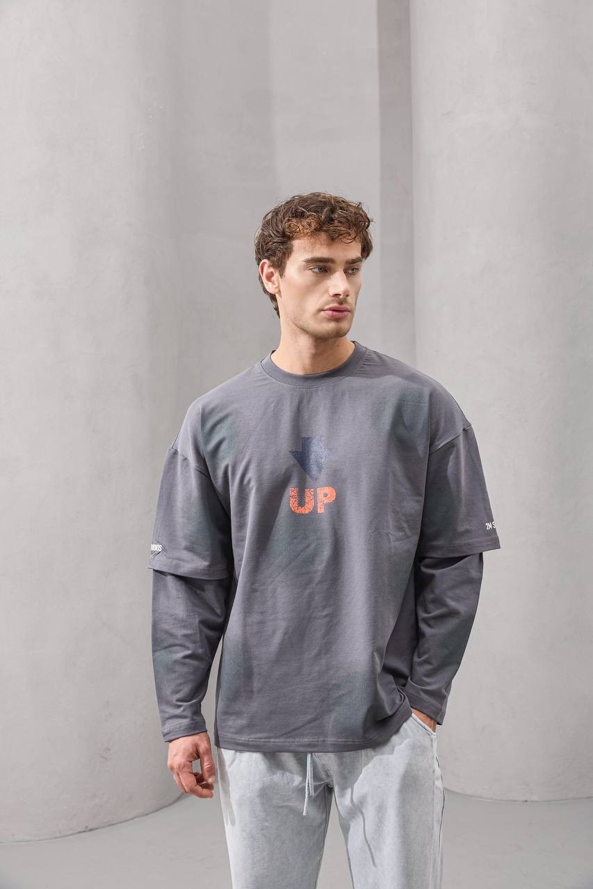 2MState “UP Arrow” Dual Layer Oversized Long Sleeve T-Shirt – Gray, White & Black