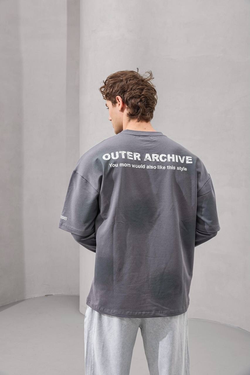 2MState “UP Arrow” Dual Layer Oversized Long Sleeve T-Shirt – Gray, White & Black