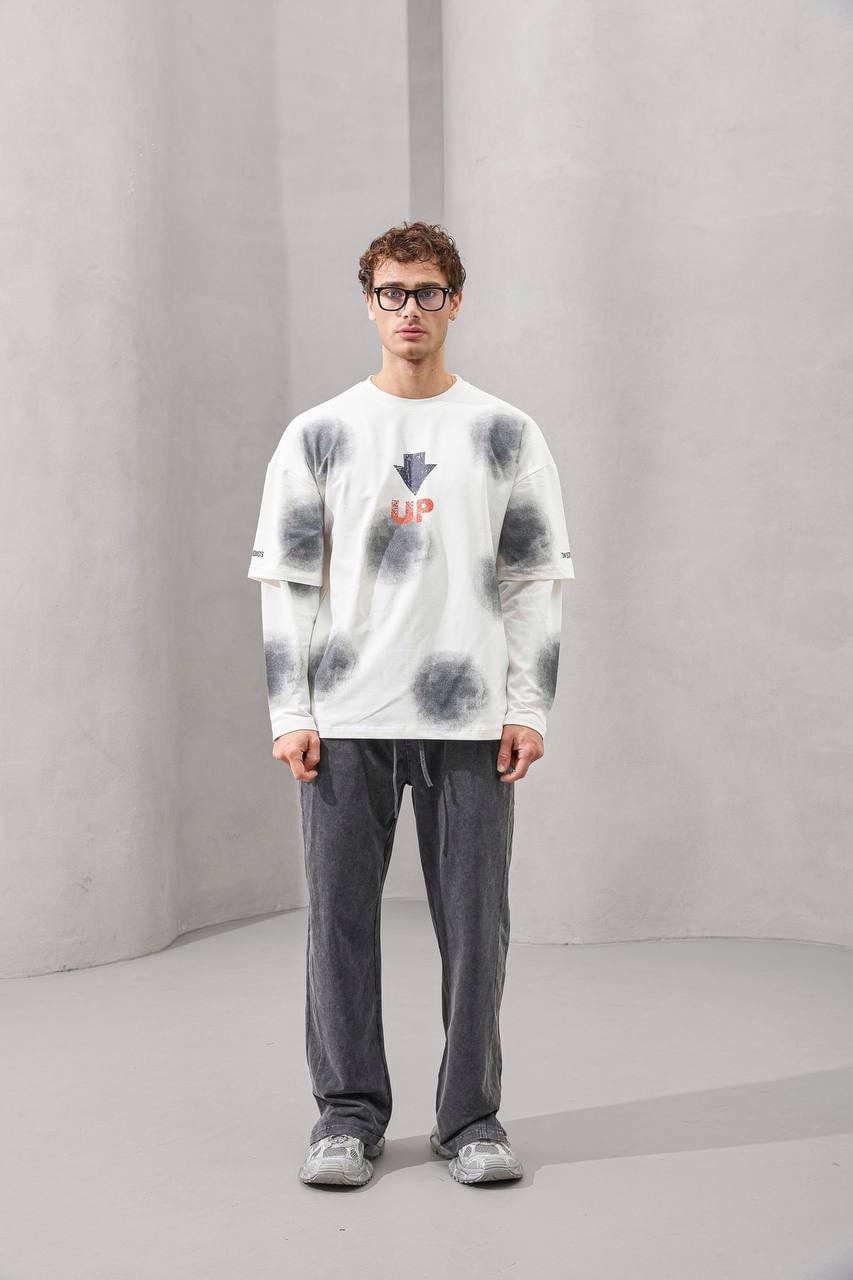 2MState “UP Arrow” Dual Layer Graphic Long Sleeve T-Shirt – Gray, White & Black Edition
