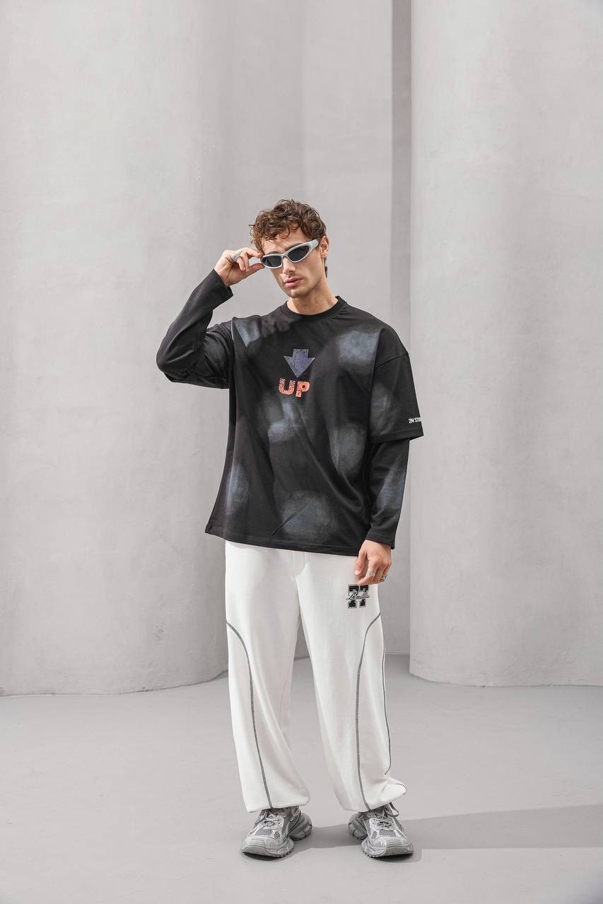 2MState “UP Arrow” Dual Layer Graphic Long Sleeve T-Shirt – Gray, White & Black Edition