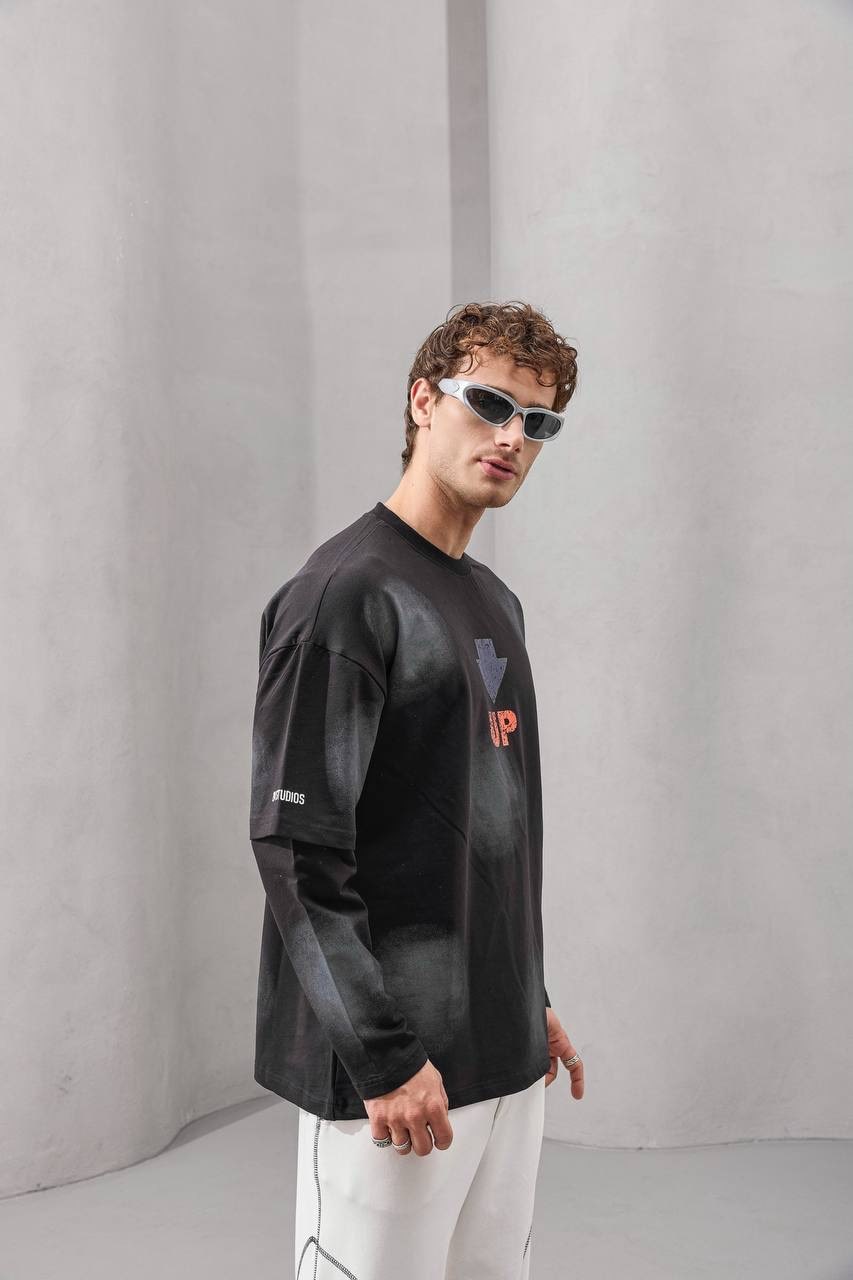 2MState “UP Arrow” Dual Layer Graphic Long Sleeve T-Shirt – Gray, White & Black Edition