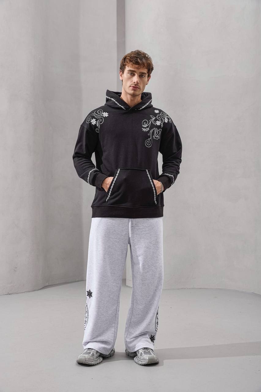 Floral Scroll Embroidered Hoodie – Elegant Streetwear Essential