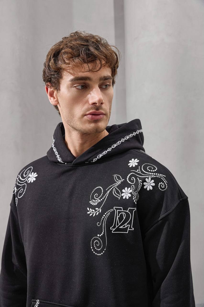 Floral Scroll Embroidered Hoodie – Elegant Streetwear Essential